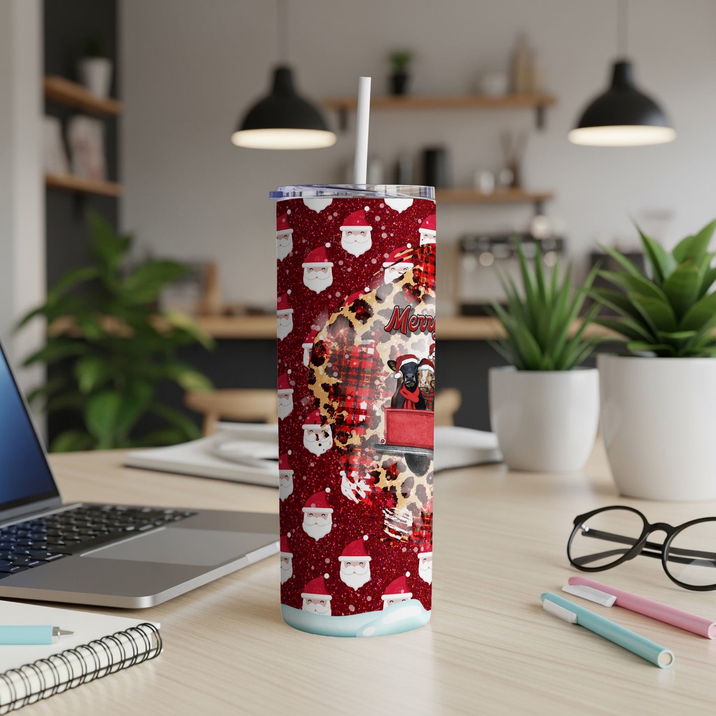 Christmas tumbler with Santa pattern, puppies in a truck, and leopard print.