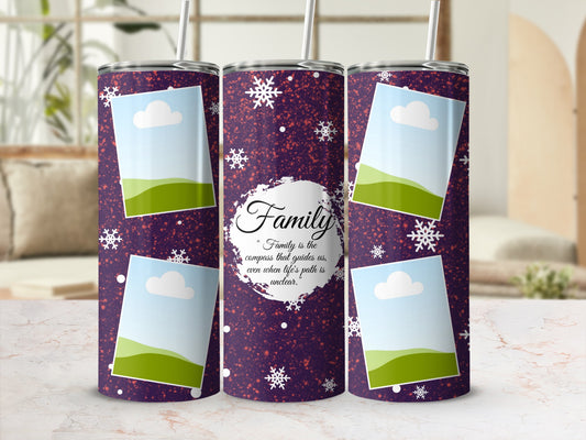 Purple tumblers with snowflakes and photo frames, featuring "Family" quote.