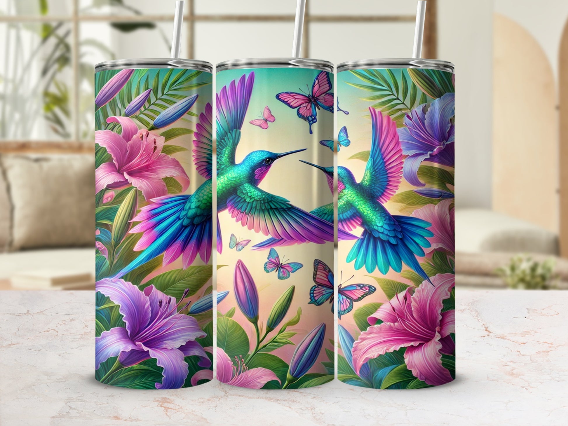 Vibrant Hummingbird and Flowers Design Tumbler Cup