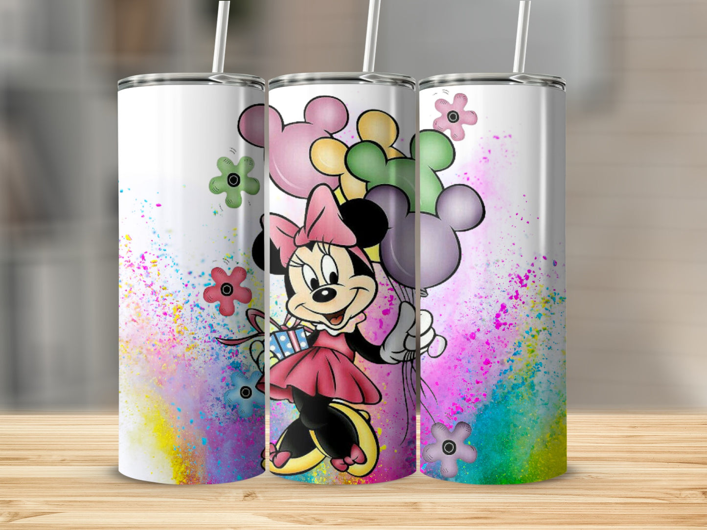 Colorful Minnie Mouse Tumbler with Balloons Design