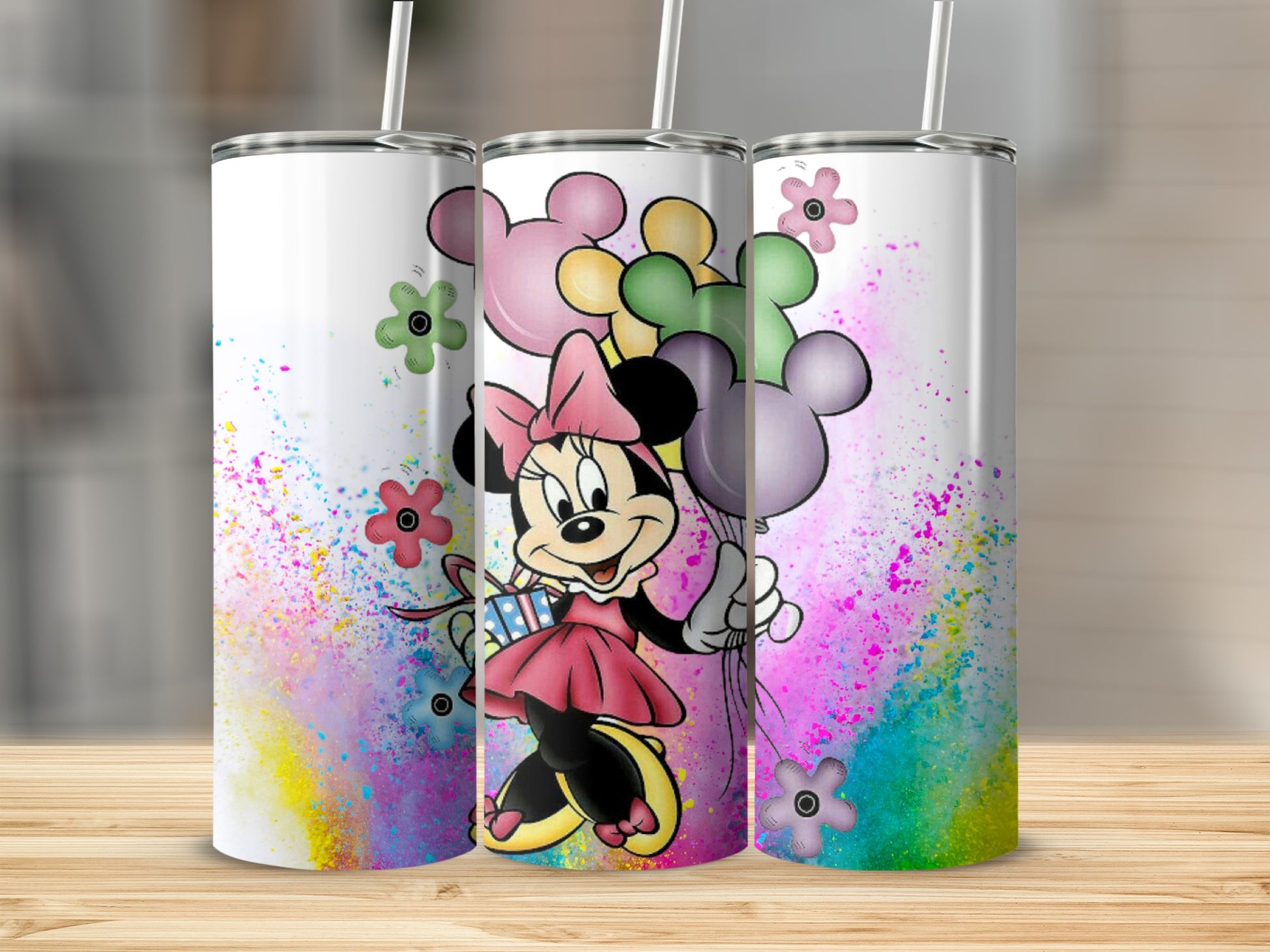 Colorful Minnie Mouse Tumbler with Balloons Design