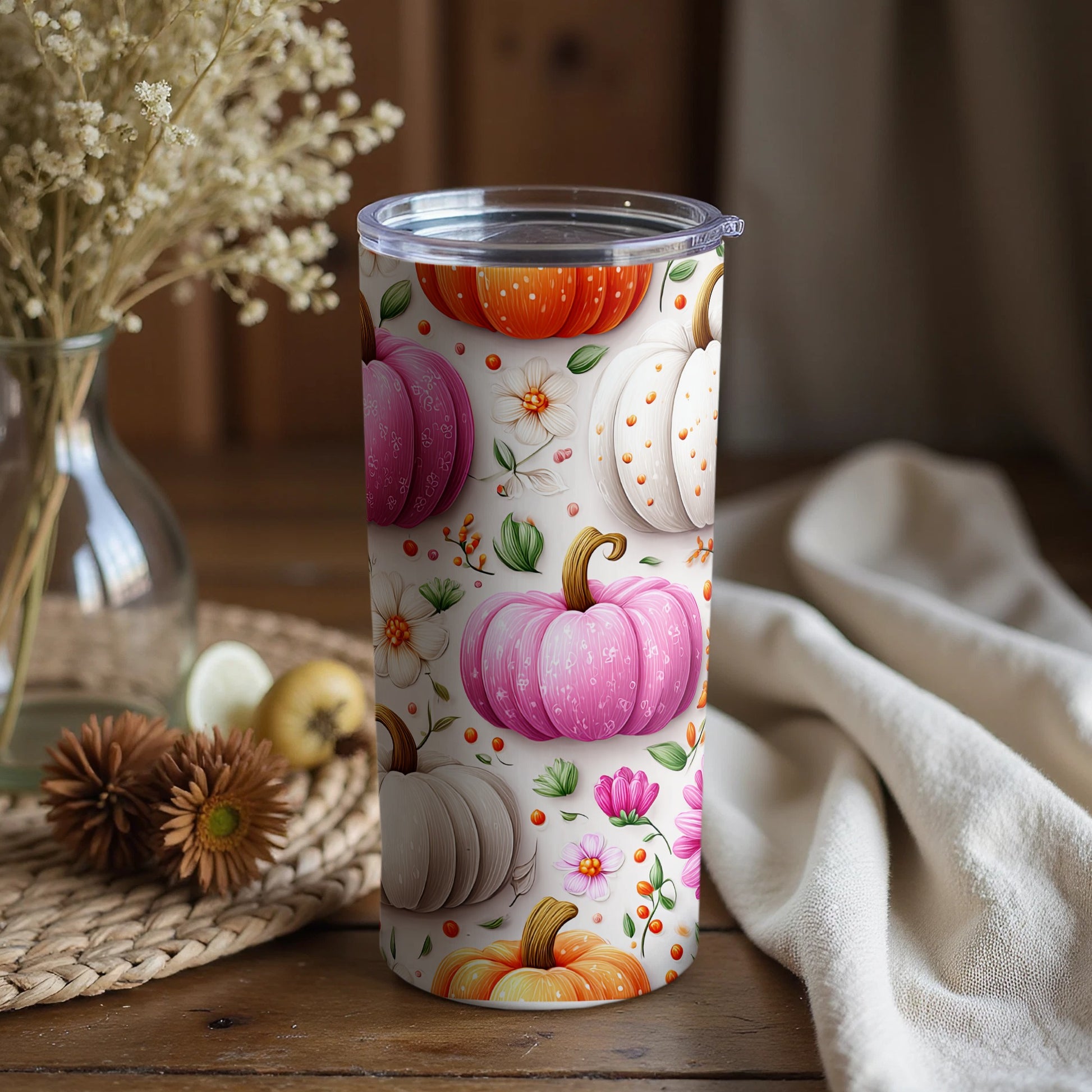 Festive Pumpkin and Floral Designed Tumbler Product