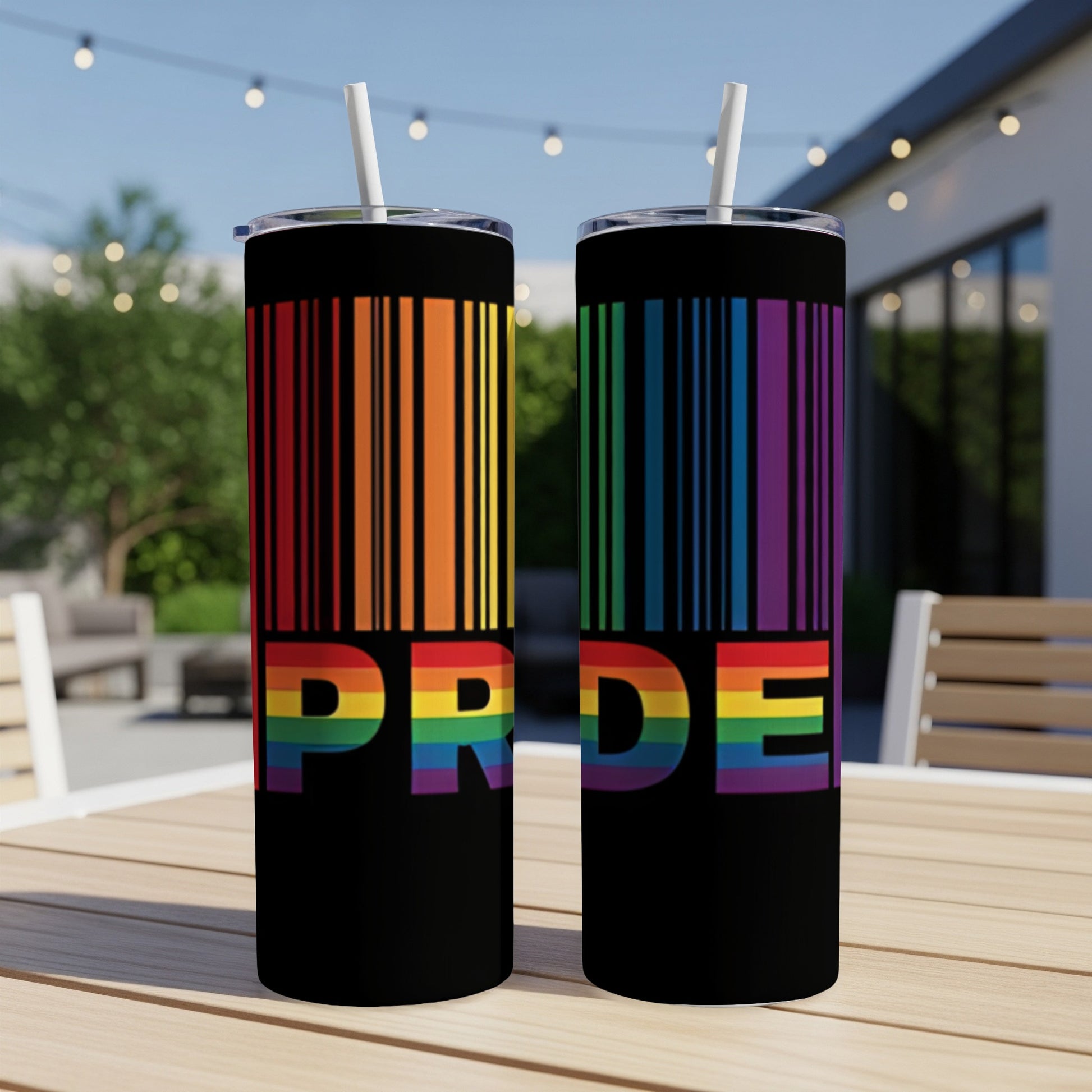 Black tumblers with rainbow barcode and "PRIDE" text.