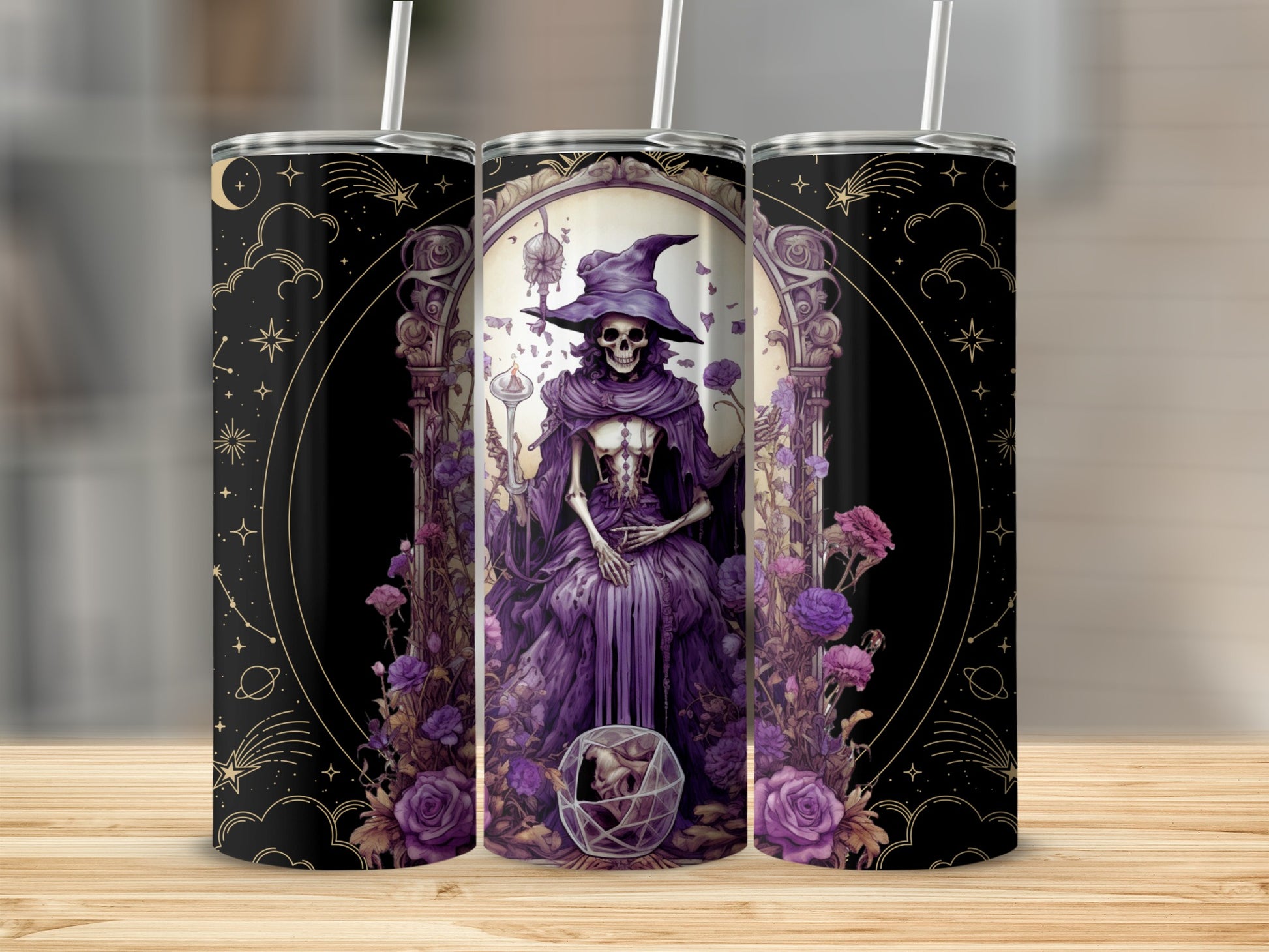 Gothic Witch Skeleton with Purple Roses Tumbler