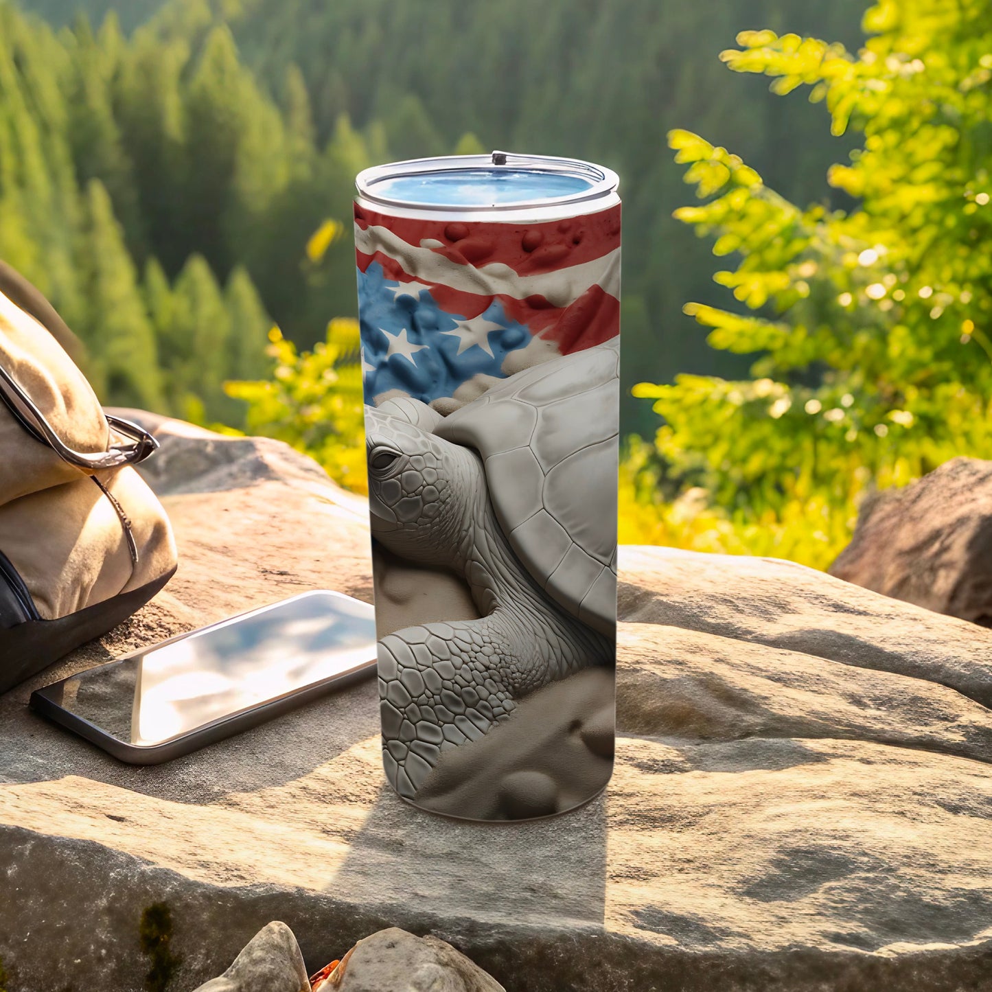Tumbler featuring a USA flag design on a turtle's shell.