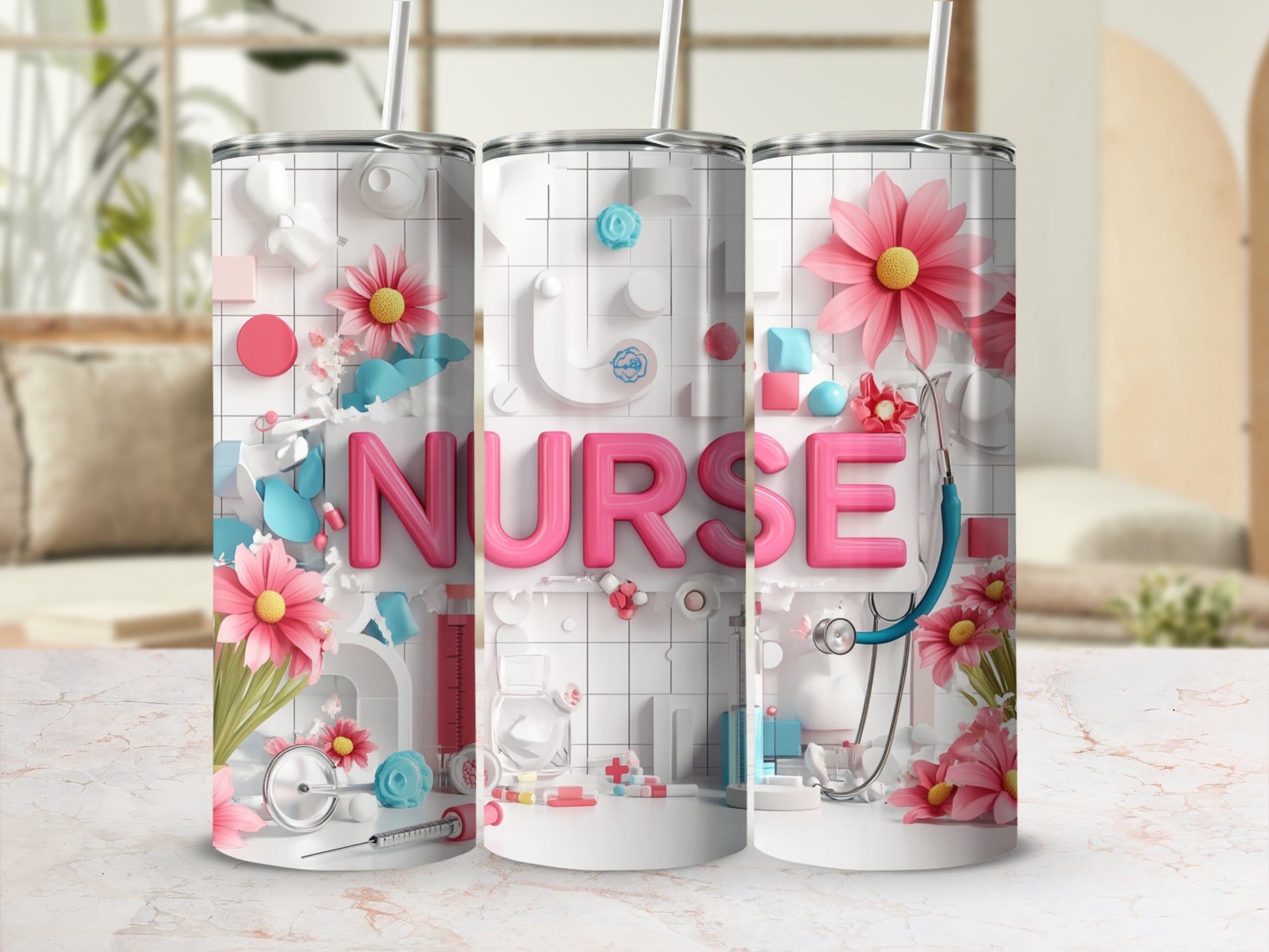 Pink floral tumbler with "NURSE" text and medical icons.