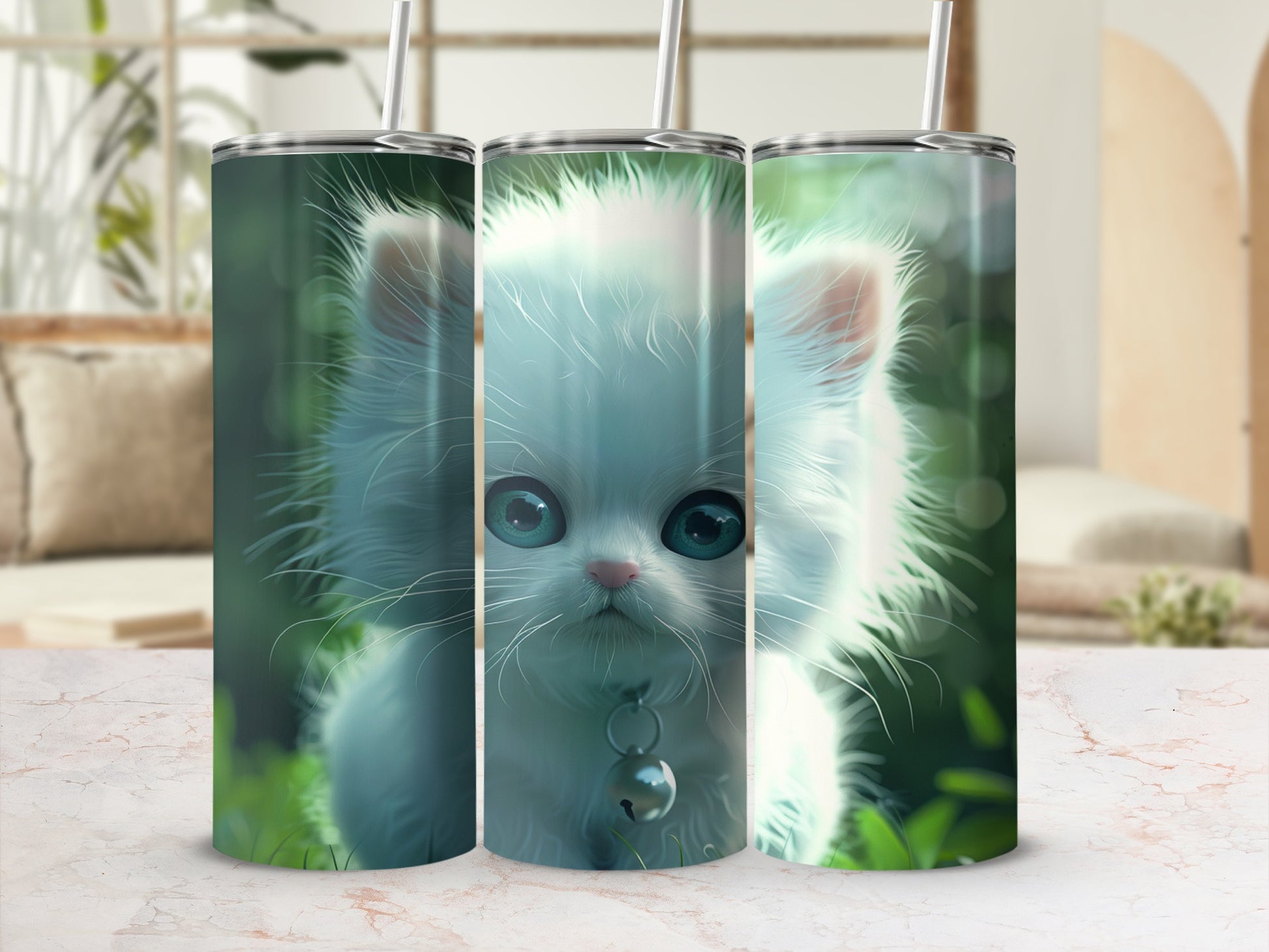 White fluffy kitten with blue eyes and silver bell on a green background.