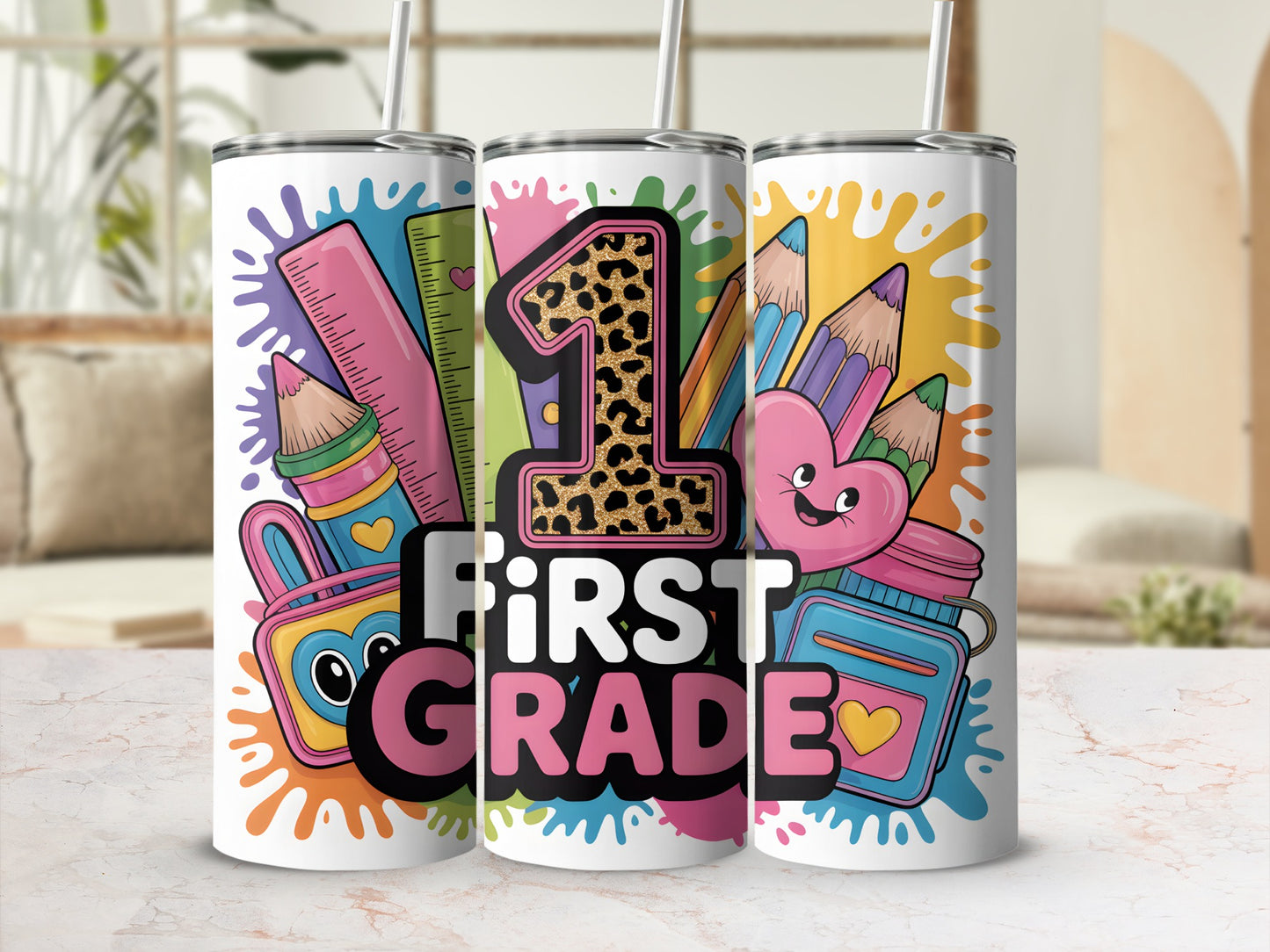 Three tumblers with "First Grade" text, rulers, pencils, and school supplies.