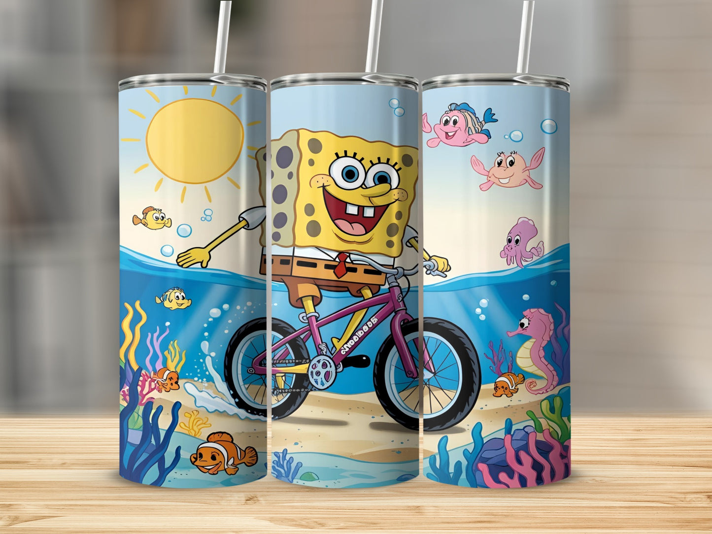 SpongeBob SquarePants riding a bicycle underwater with sea creatures and coral.