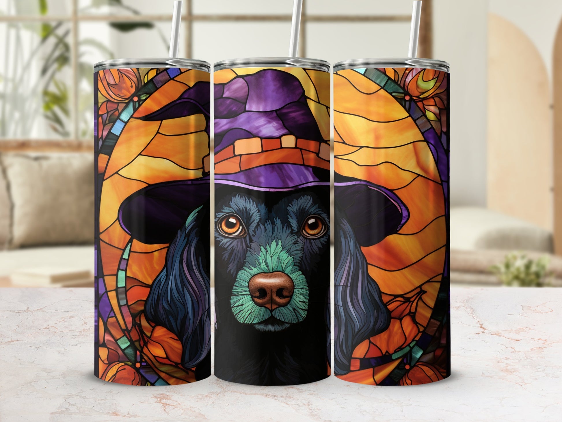 Dachshund in a witch hat, stained glass background, Halloween theme.