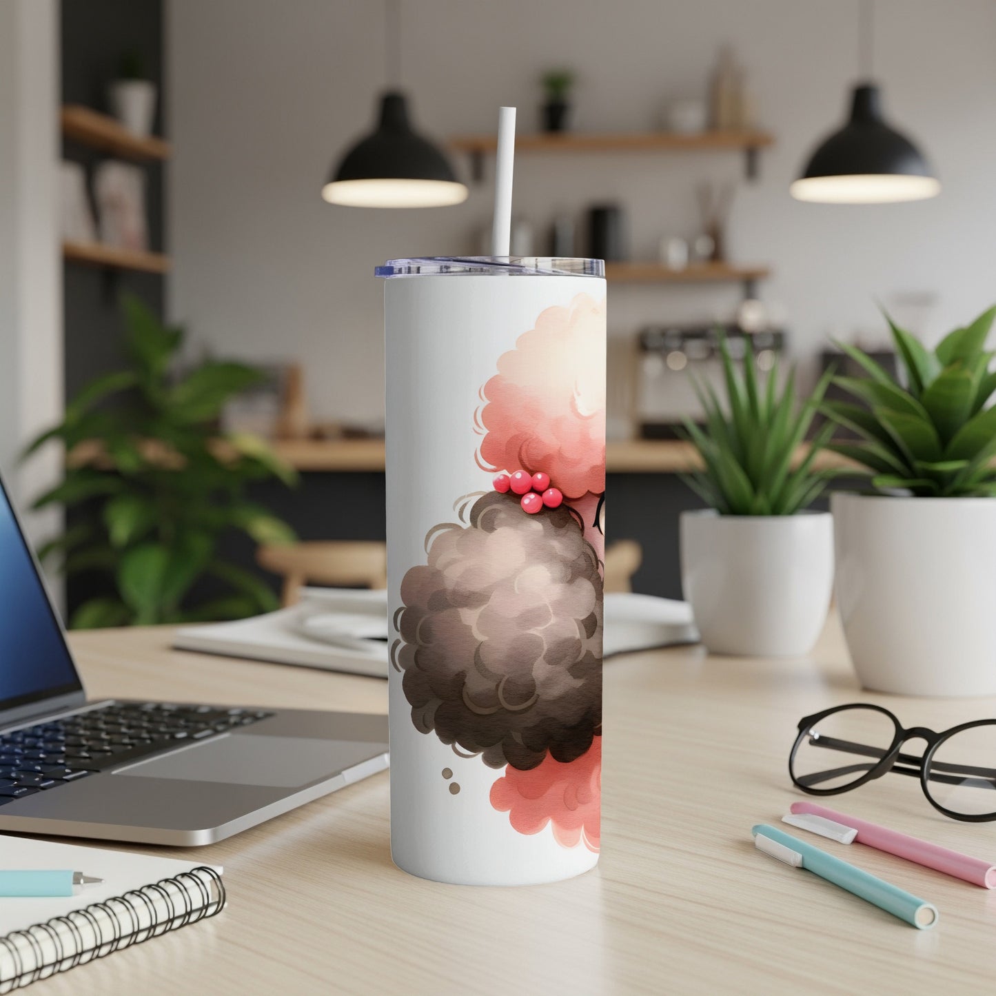 White tumbler with a fluffy pink and brown poodle design.