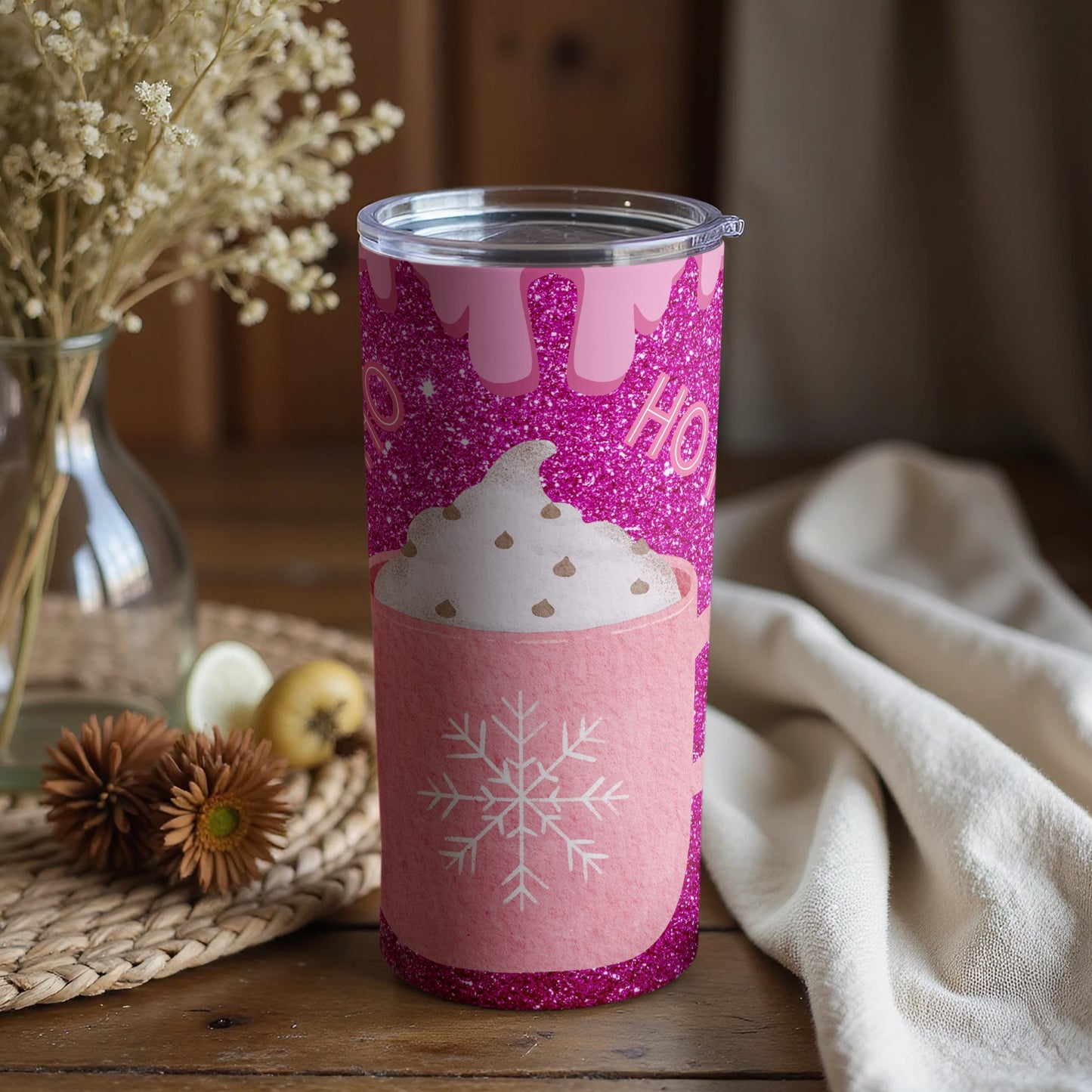 Pink Glitter Snowflake Coffee Cup Tumbler Product