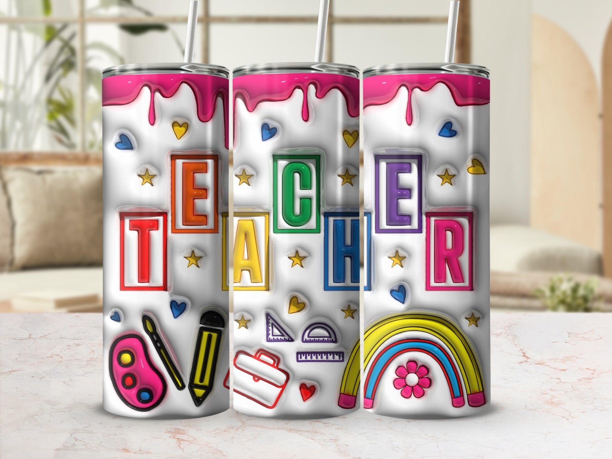 Teacher tumbler with school icons and rainbow design.