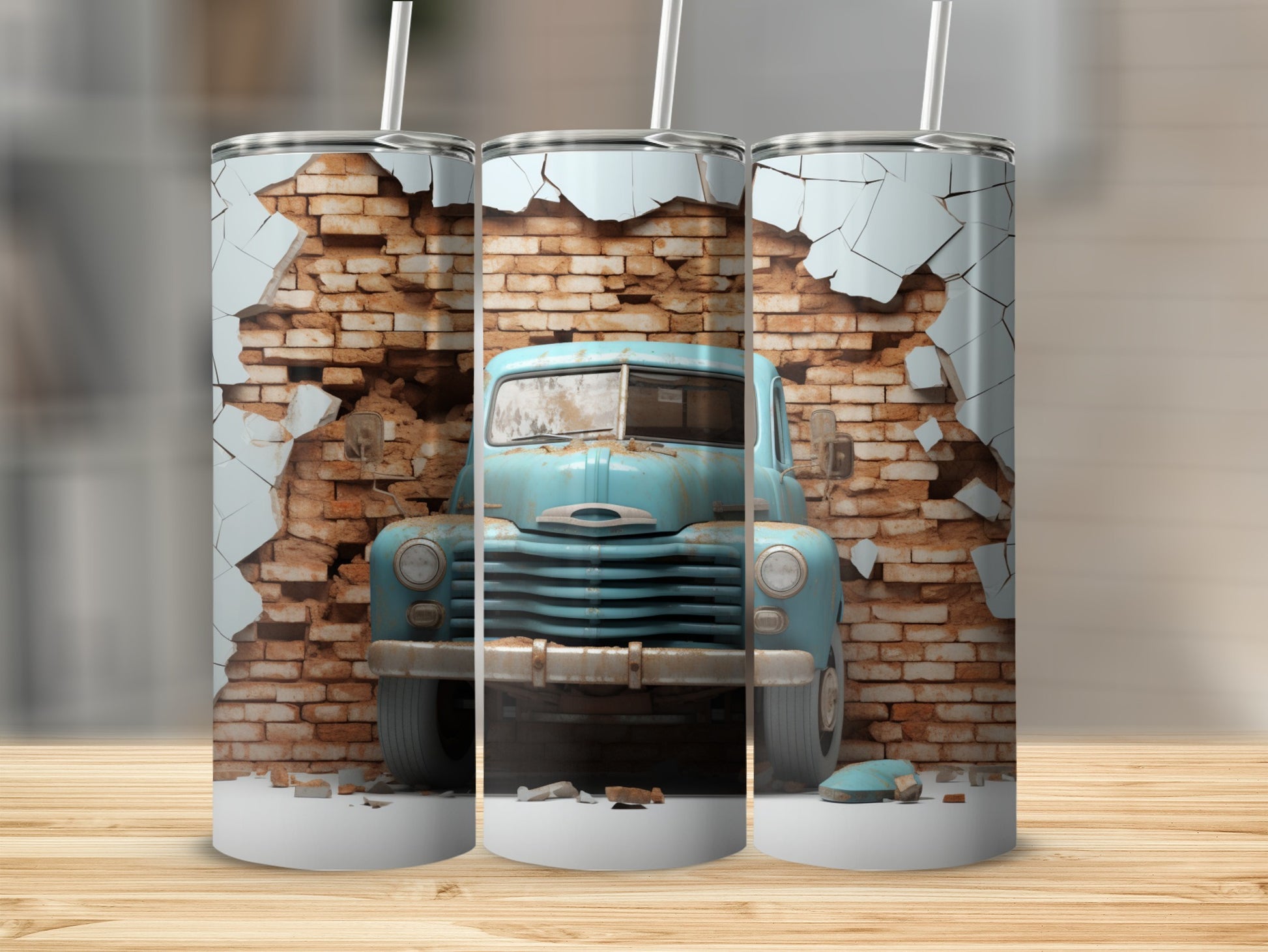 Rustic Brick Wall with Vintage Truck Design Tumbler