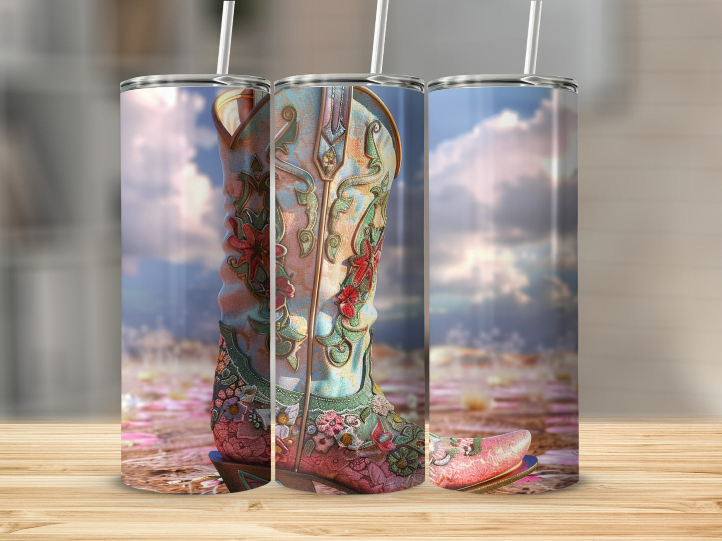 Embroidered cowboy boot tumbler with floral designs and straw.