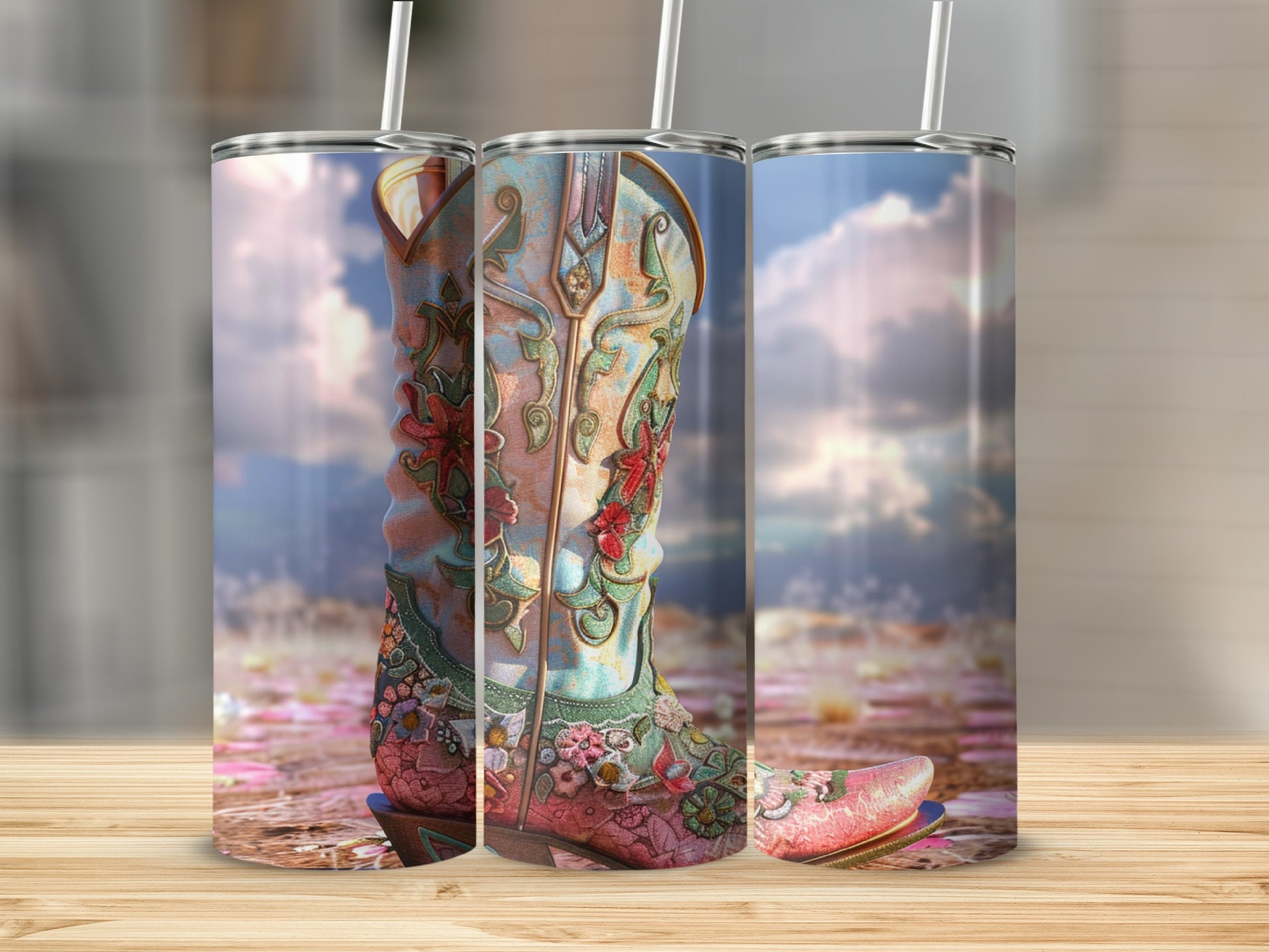 Embroidered cowboy boot tumbler with floral designs and straw.