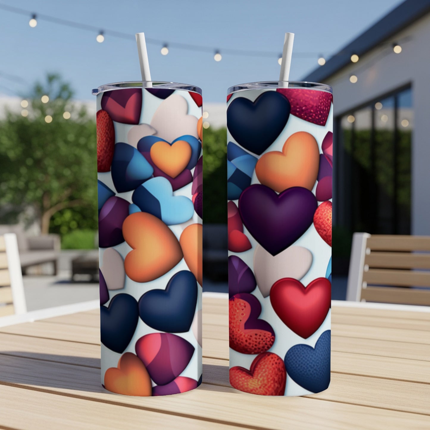 Two tall tumblers with a vibrant heart pattern sit on a wooden table.