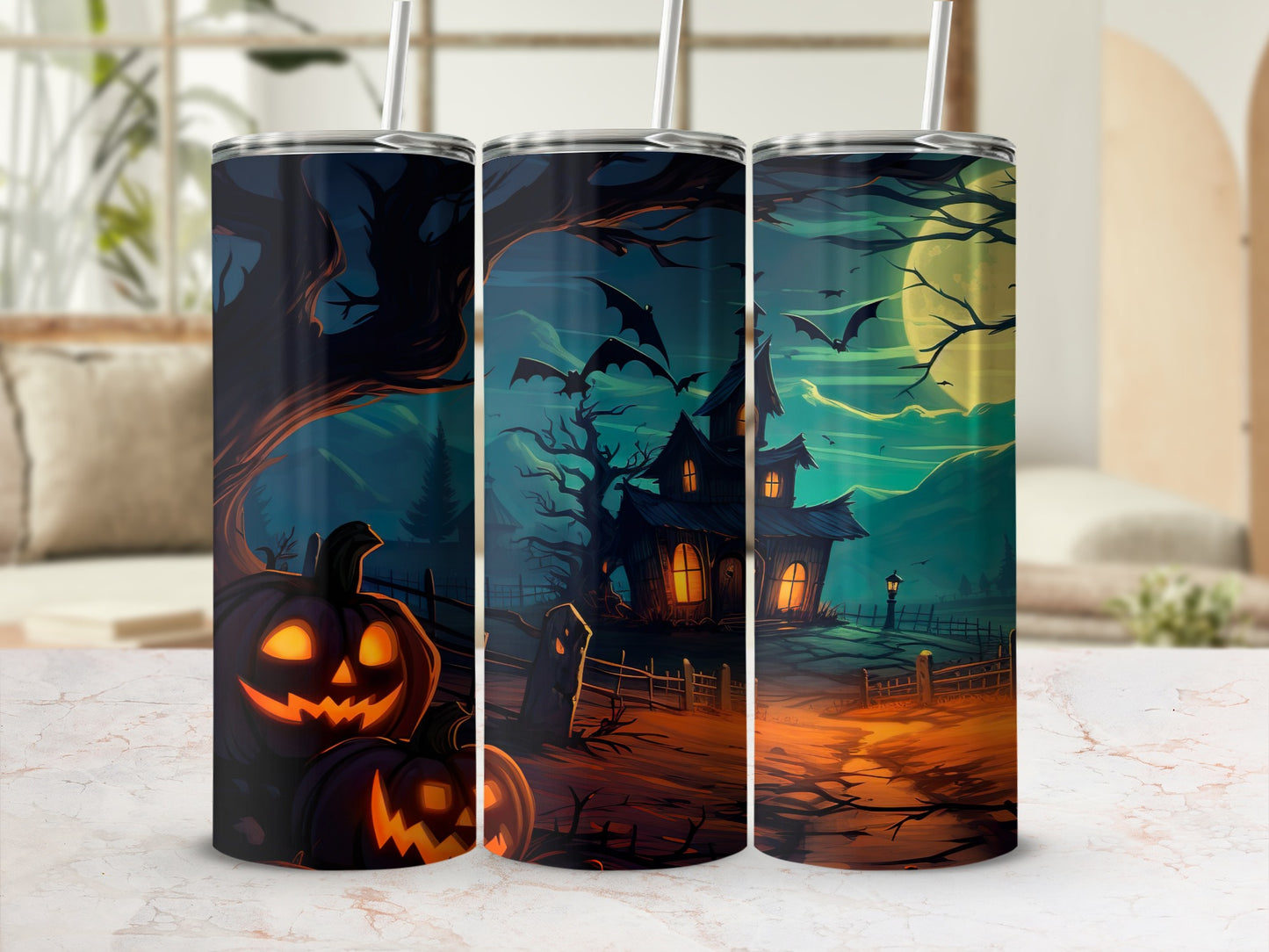 Spooky Halloween Pumpkin and Haunted House Tumbler
