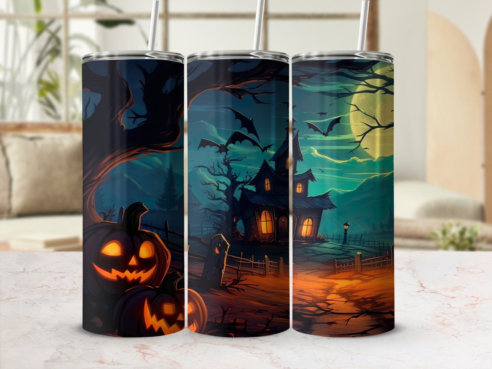 Spooky Halloween Pumpkin and Haunted House Tumbler