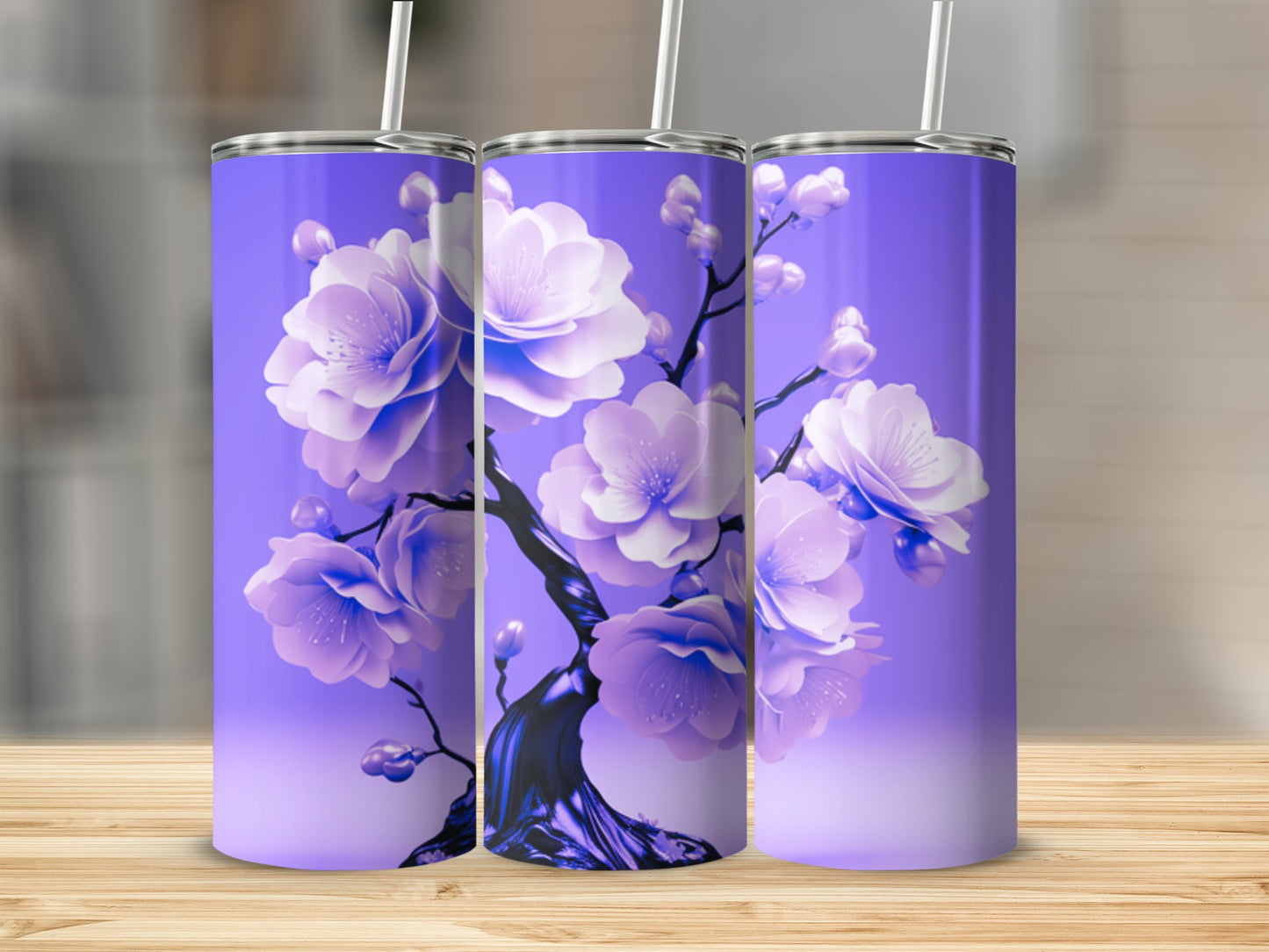 Purple tumbler with blooming cherry blossom branches.