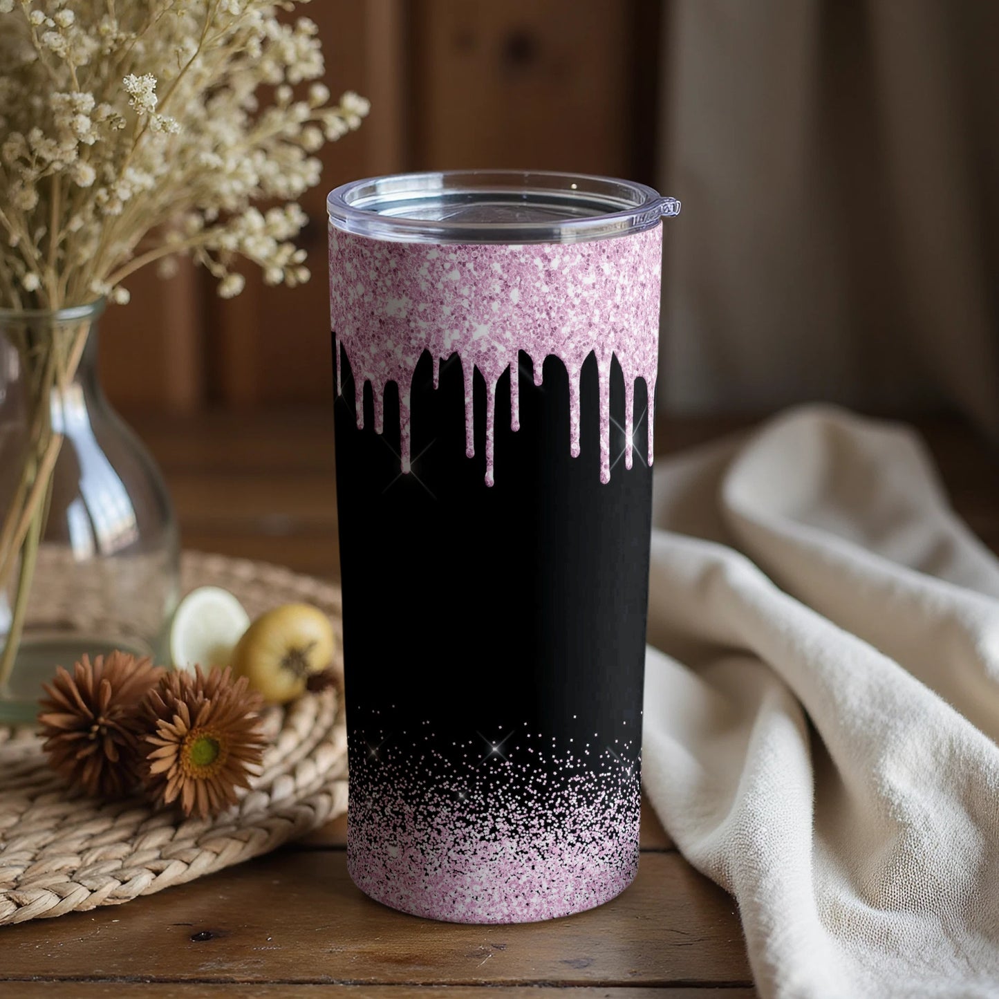 Pink and Black Glitter Dripping Tumbler Product