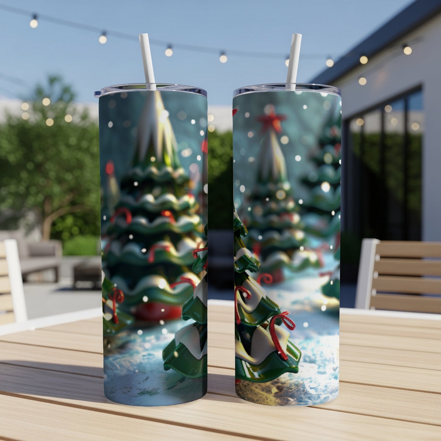 Two tumblers featuring a festive Christmas tree design with red ribbon and snow.