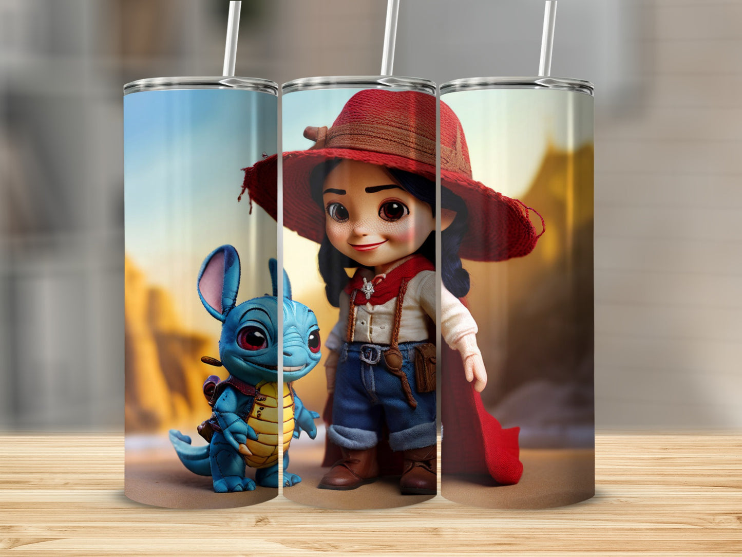 Mulan and Mushu as cartoon characters on three tumblers.
