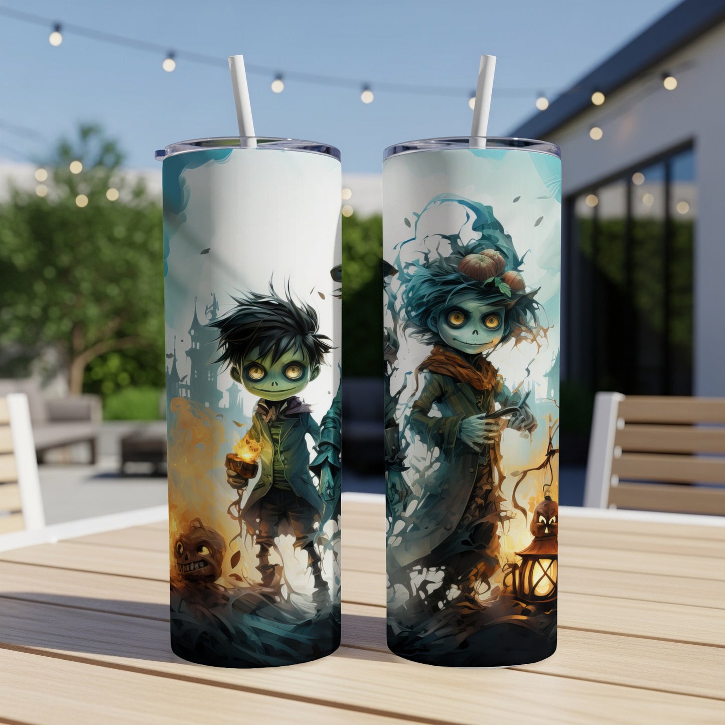 Two Halloween-themed tumblers featuring cartoon zombie characters and pumpkins.