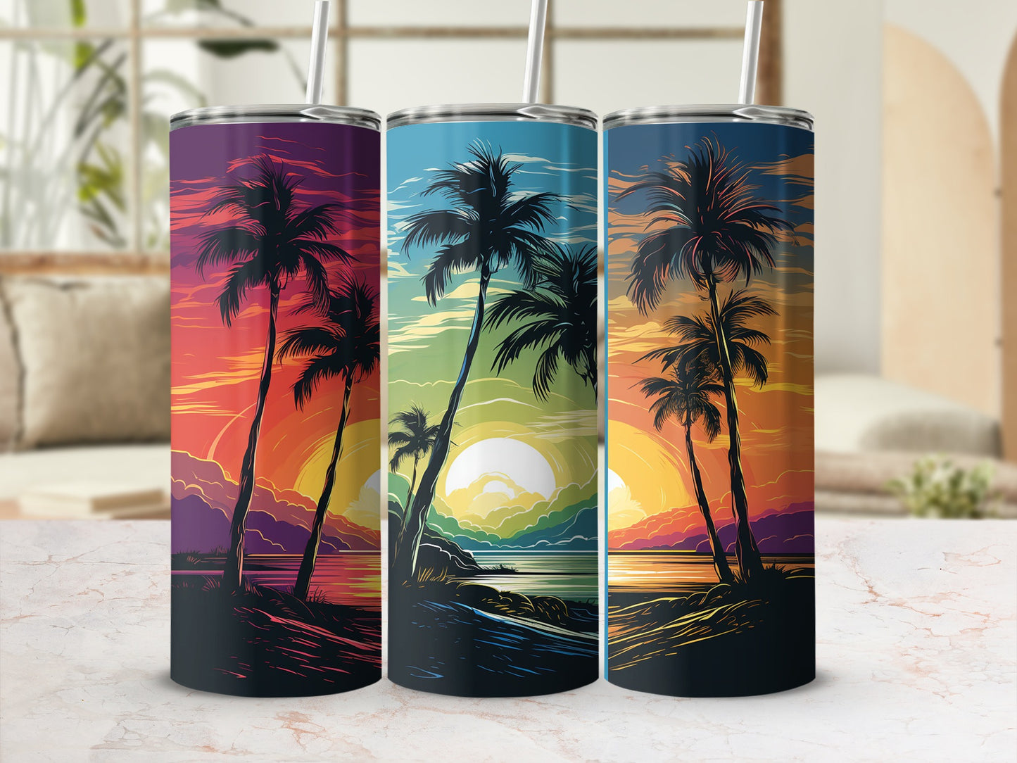 Three tumblers featuring a colorful sunset with palm trees and ocean.