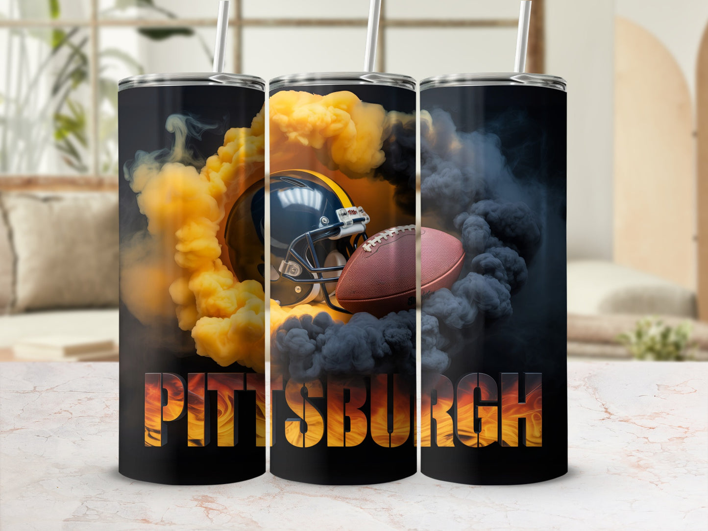Tumbling tumbler with Pittsburgh Steelers helmet, football, and smoke graphic.