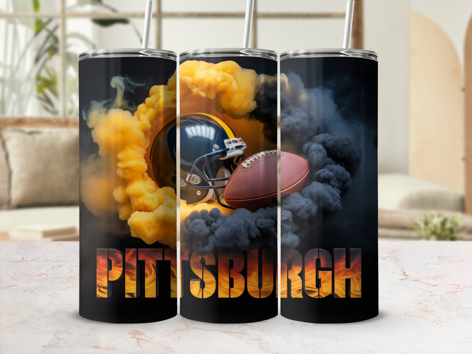 Tumbling tumbler with Pittsburgh Steelers helmet, football, and smoke graphic.