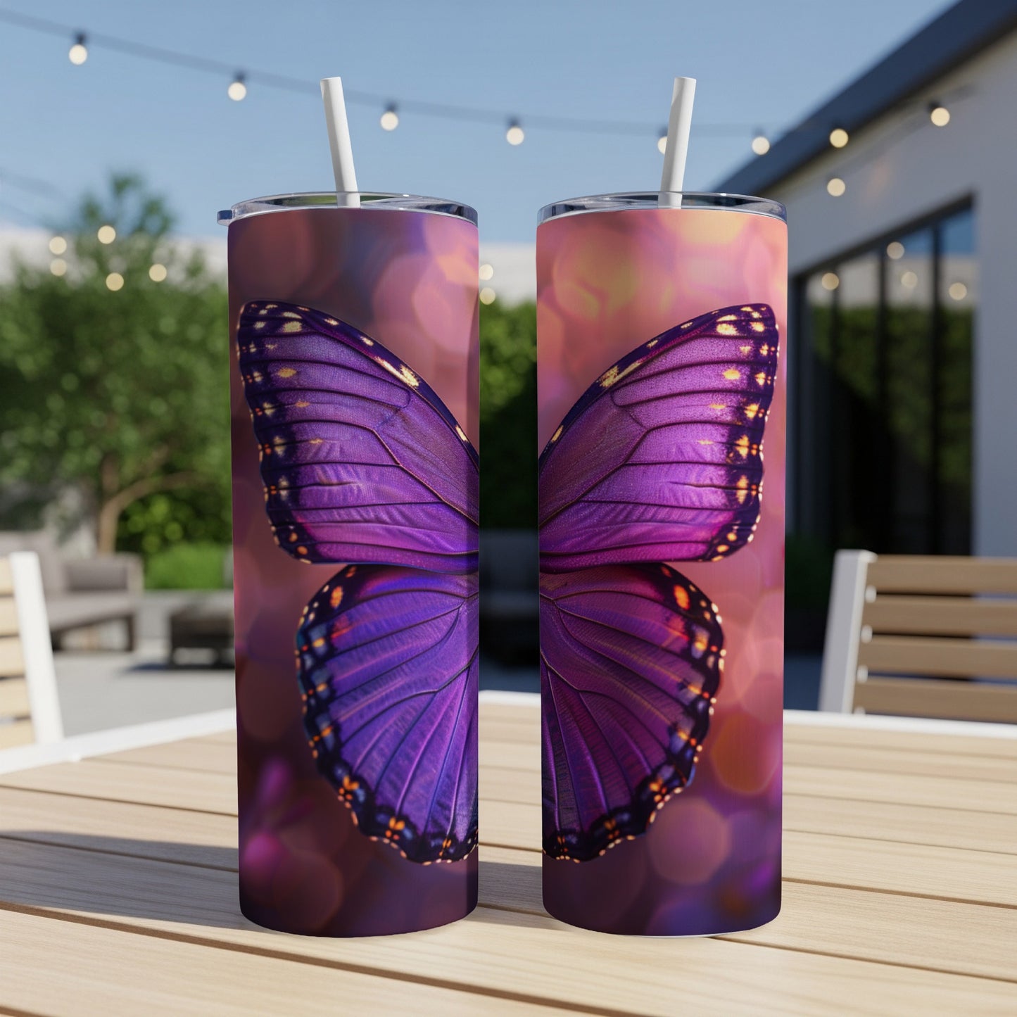 Two purple butterfly wing tumblers with straws on a table.