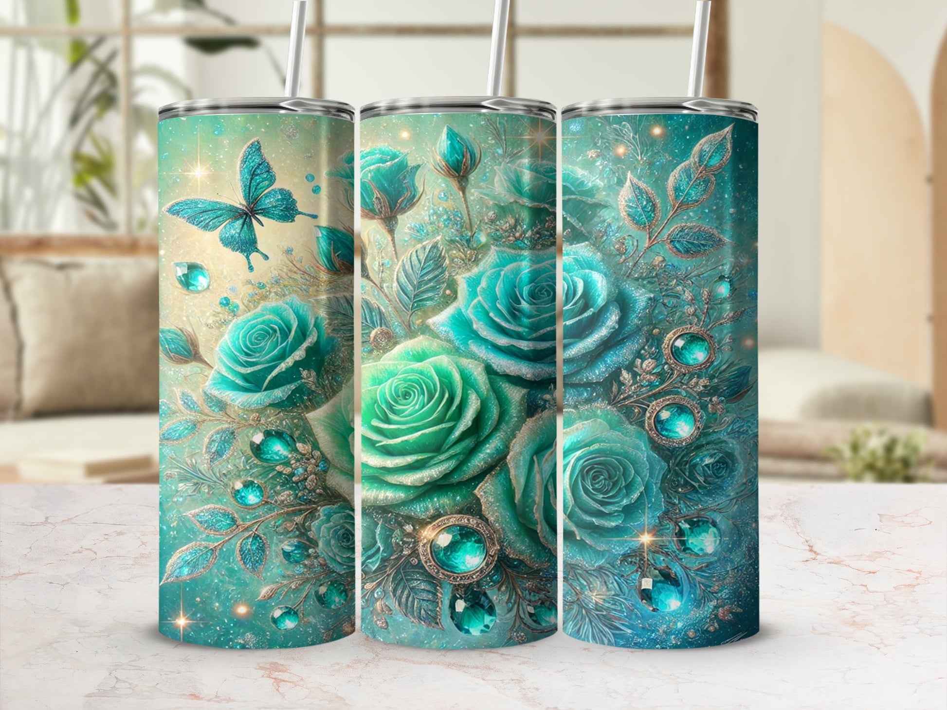Elegant Butterfly and Rose Art Tumbler Design Mockup