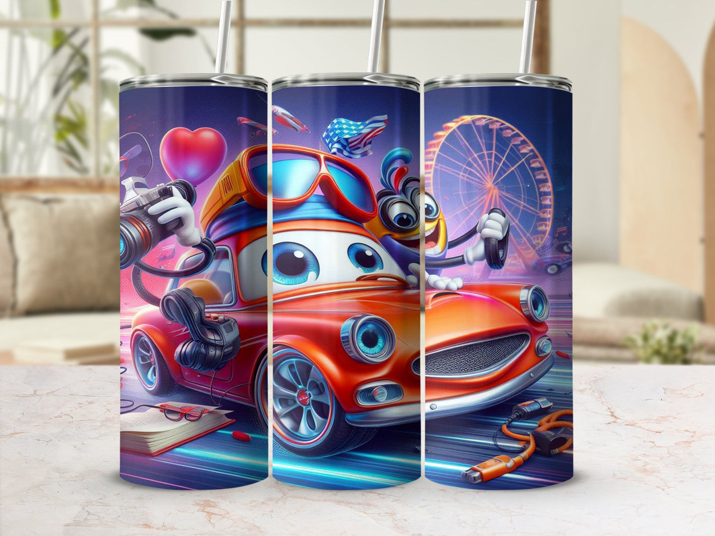 Colorful Car Character Illustration Tumbler with Straw