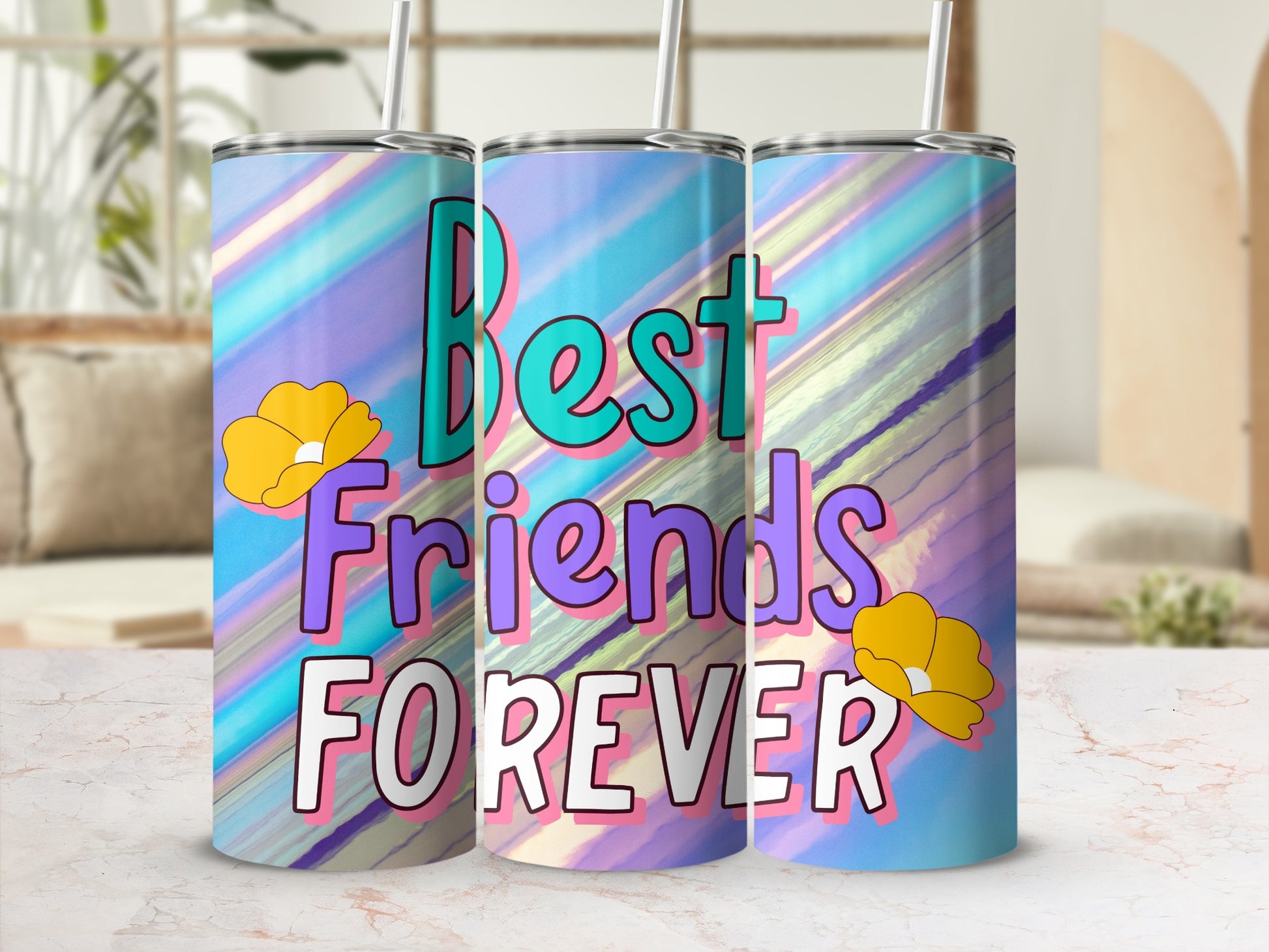 Best Friends Forever Colorful Floral Design Tumbler