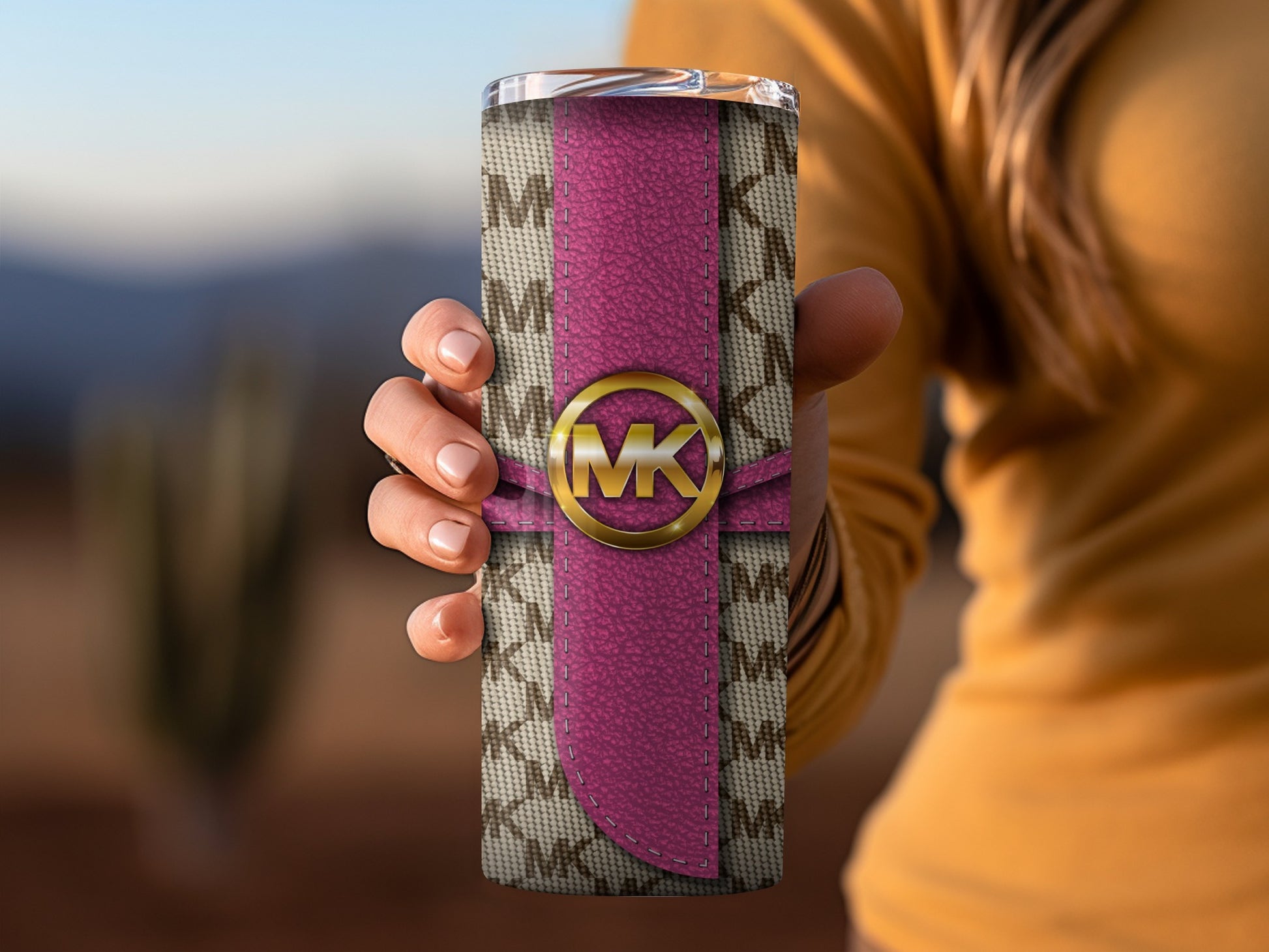 Stylish MK Logo Pink and Beige Patterned Tumbler