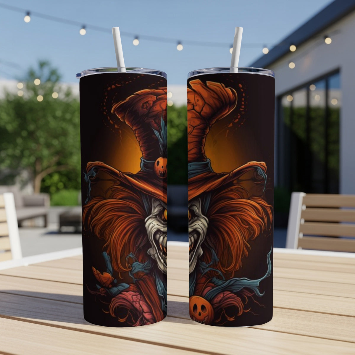 Two tumblers featuring a creepy clown with a tall hat and orange hair.