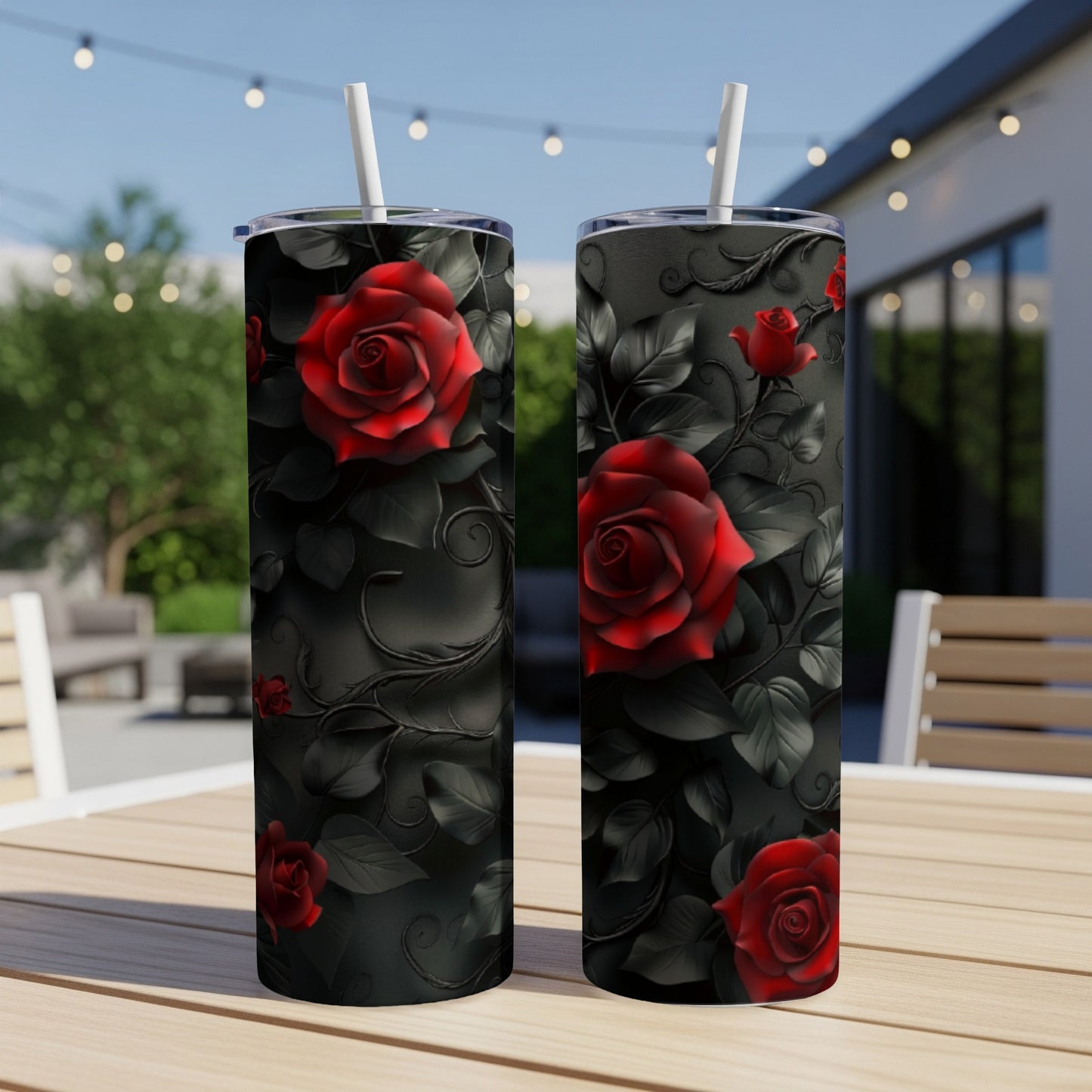Two dark tumblers with red roses and black leaves design.