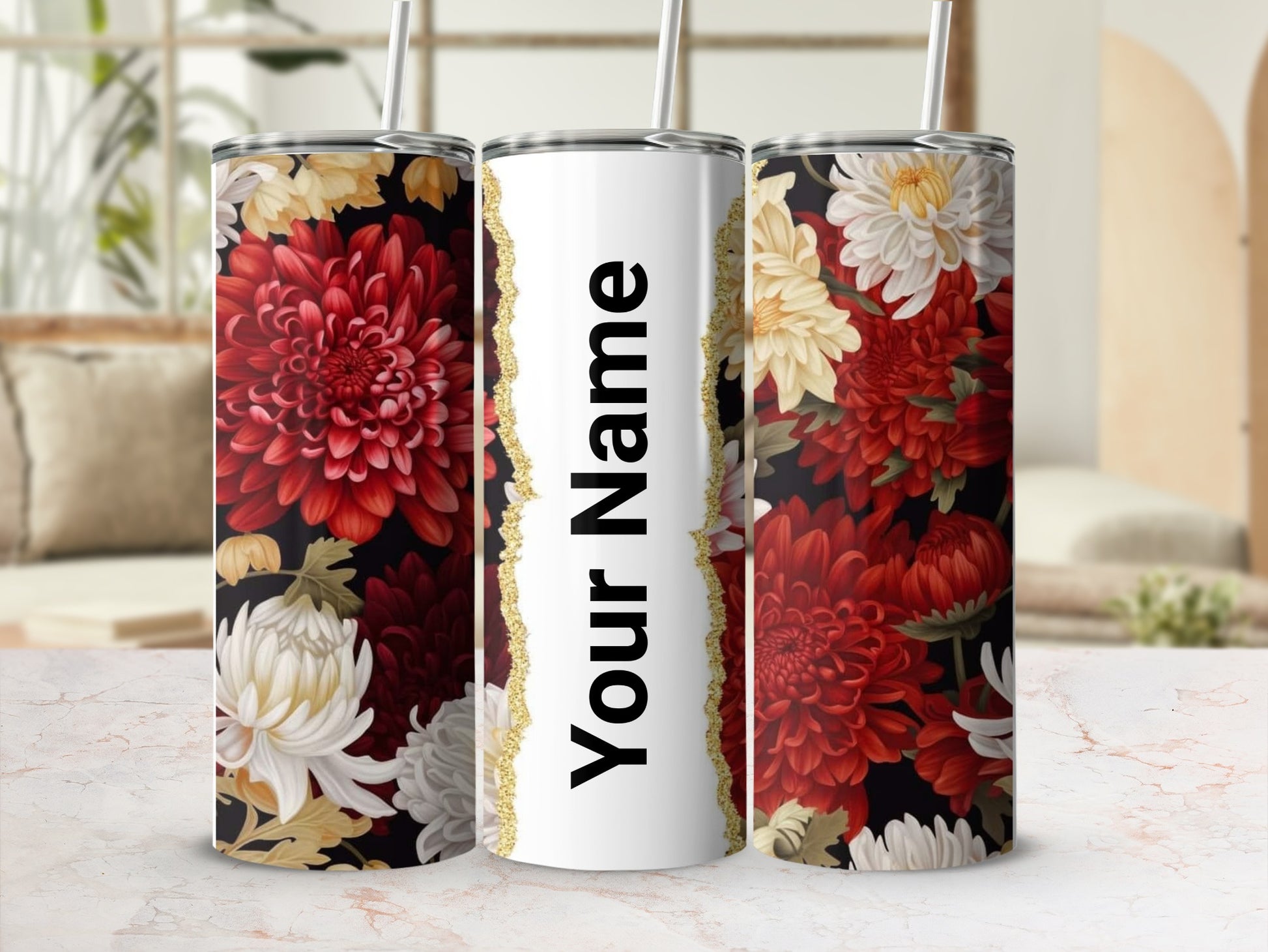 Custom Floral Tumbler with Elegant Chrysanthemum Design