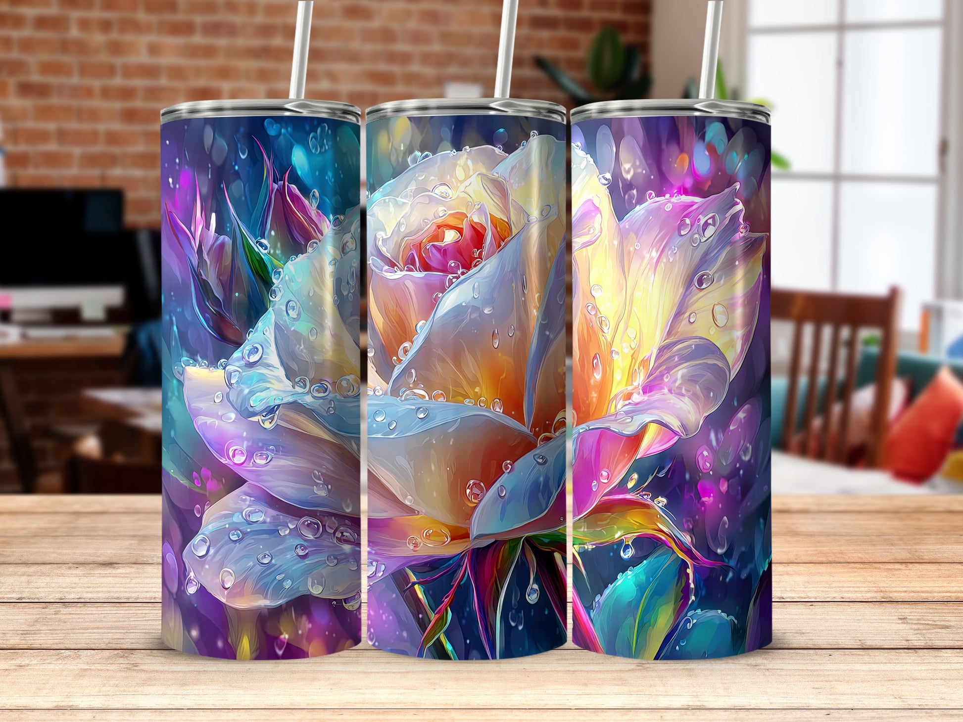 Vibrant Flower Tumblers with Colorful Water Droplets