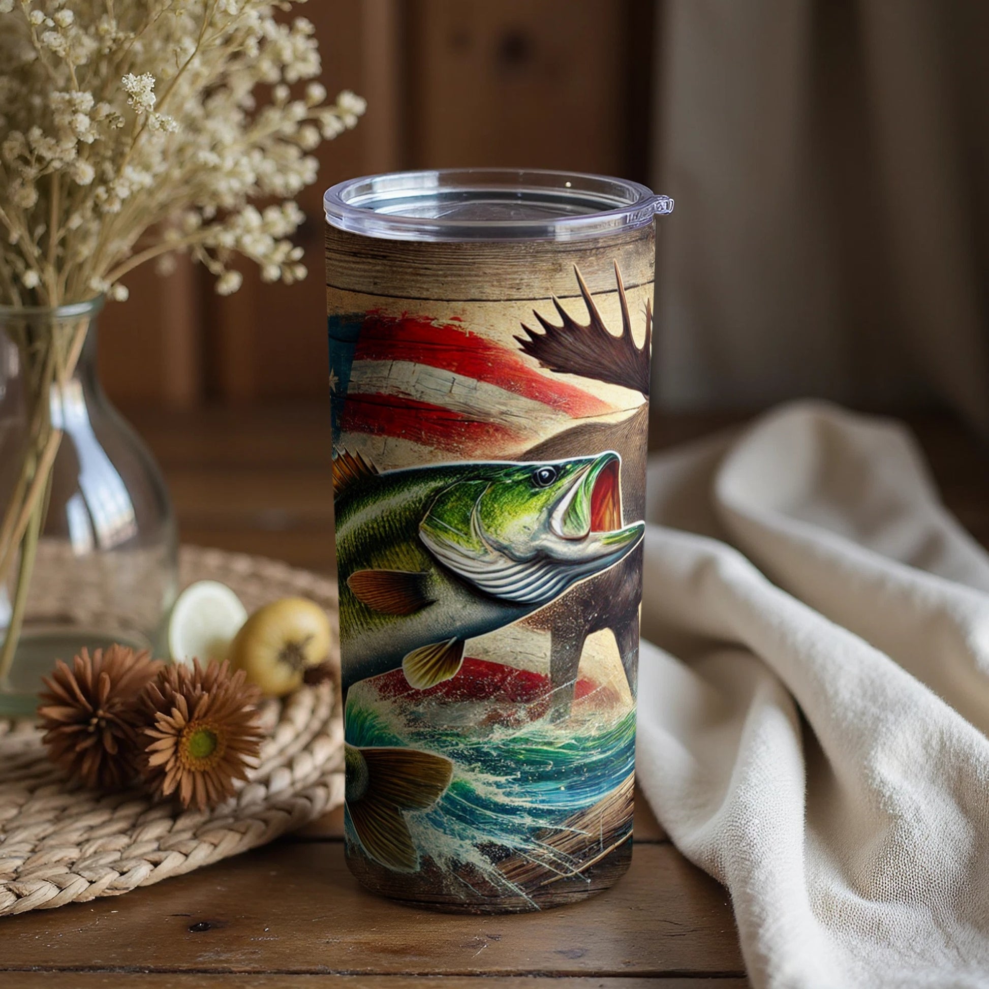 American Nature Themed Fish and Moose Tumbler