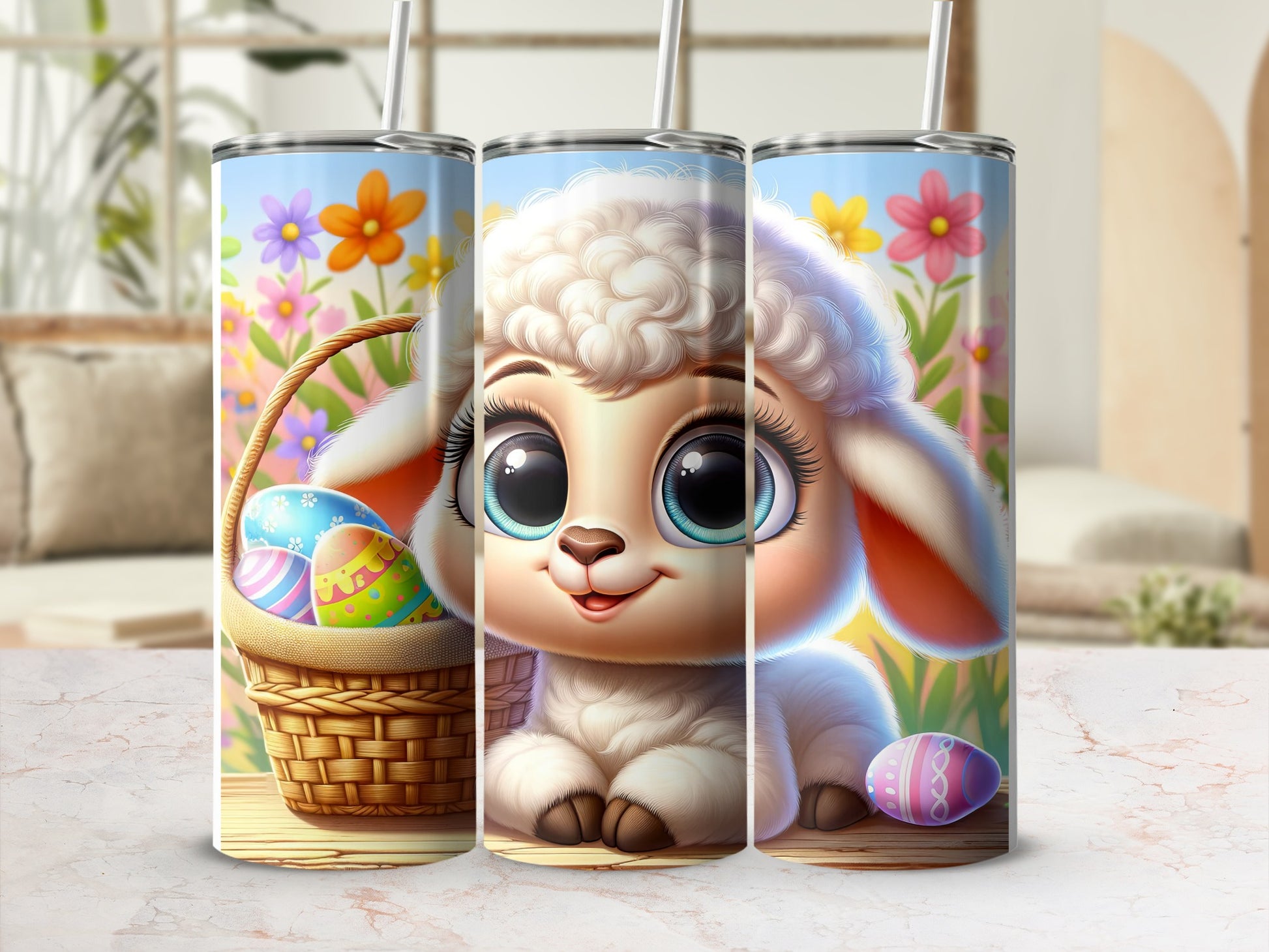 Easter lamb with basket of colorful eggs and flowers.