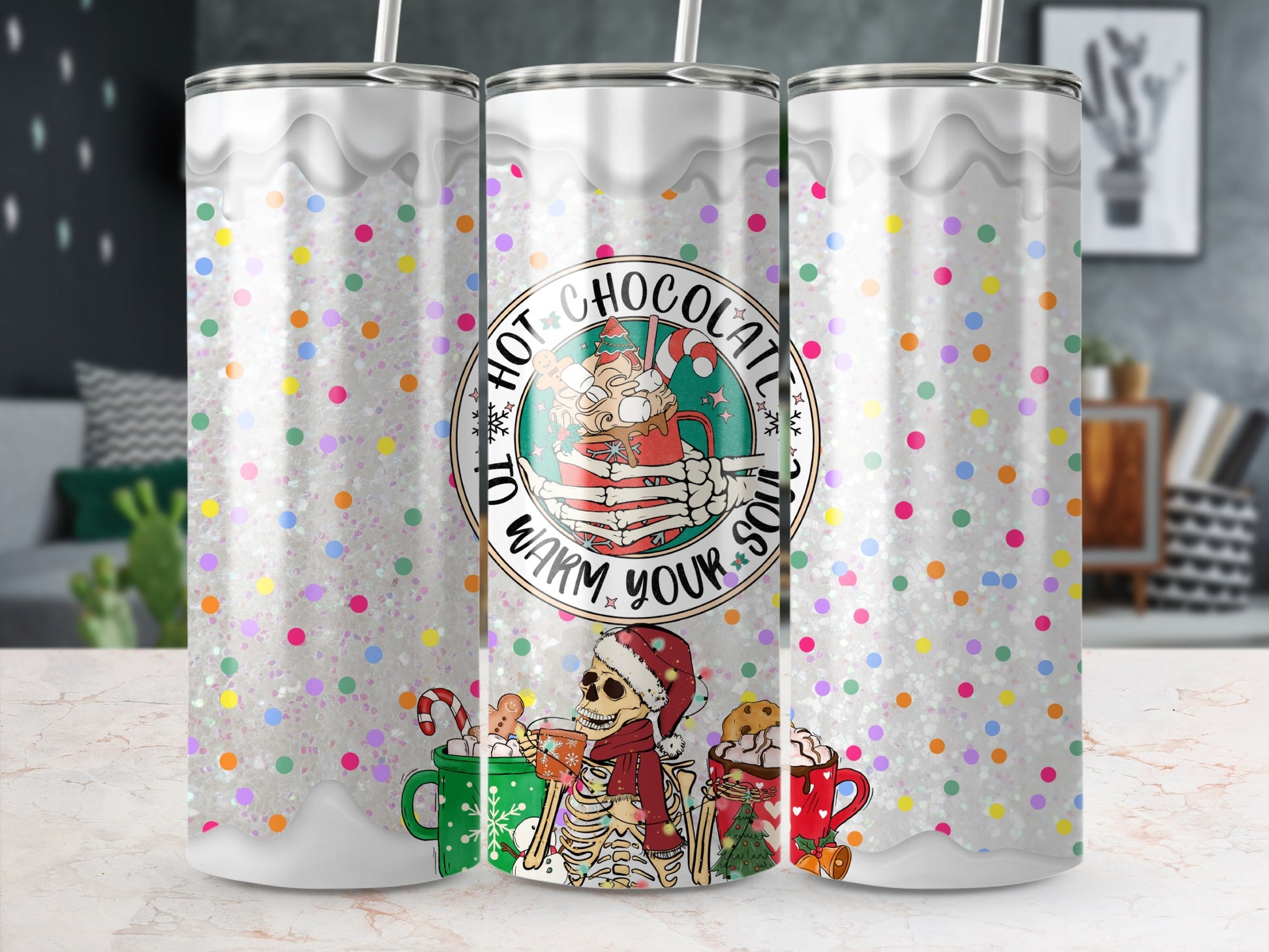 Skeleton enjoying hot chocolate with snowflakes and candy canes.