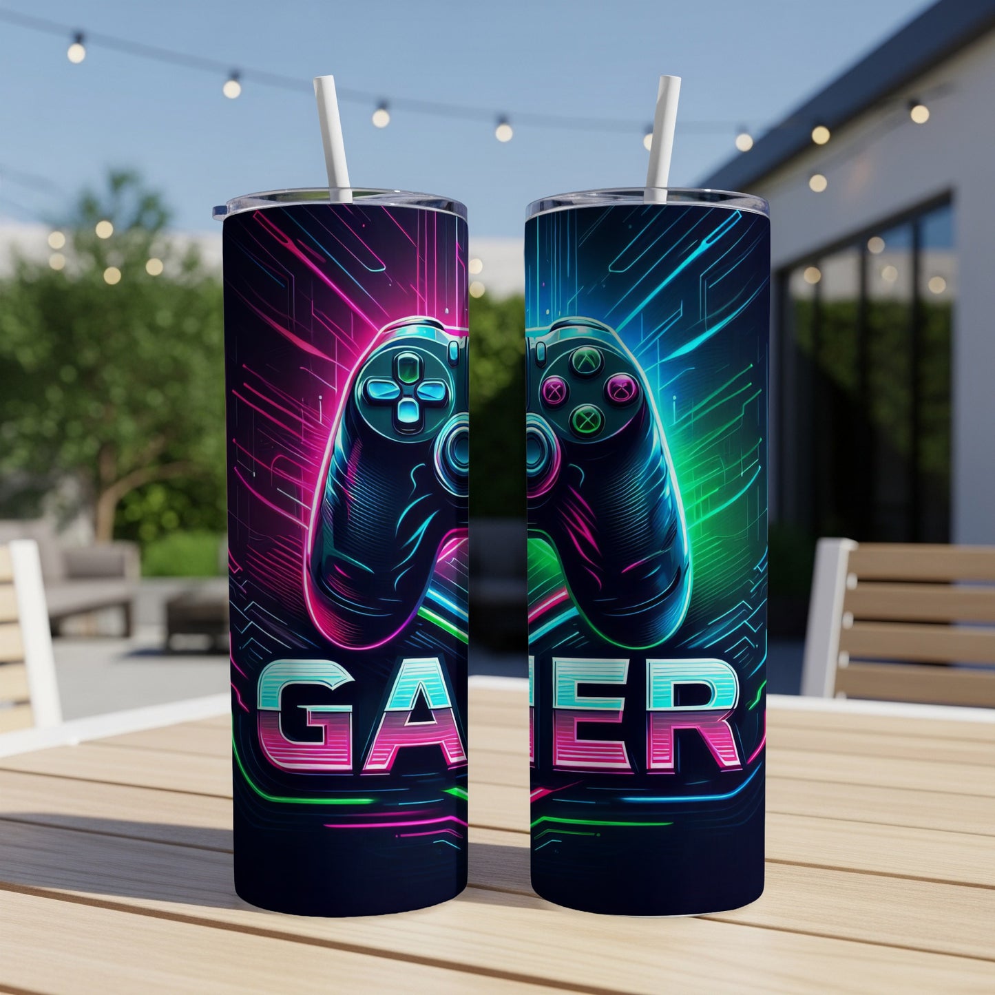 Two tumblers with neon "GAMER" text and a video game controller.