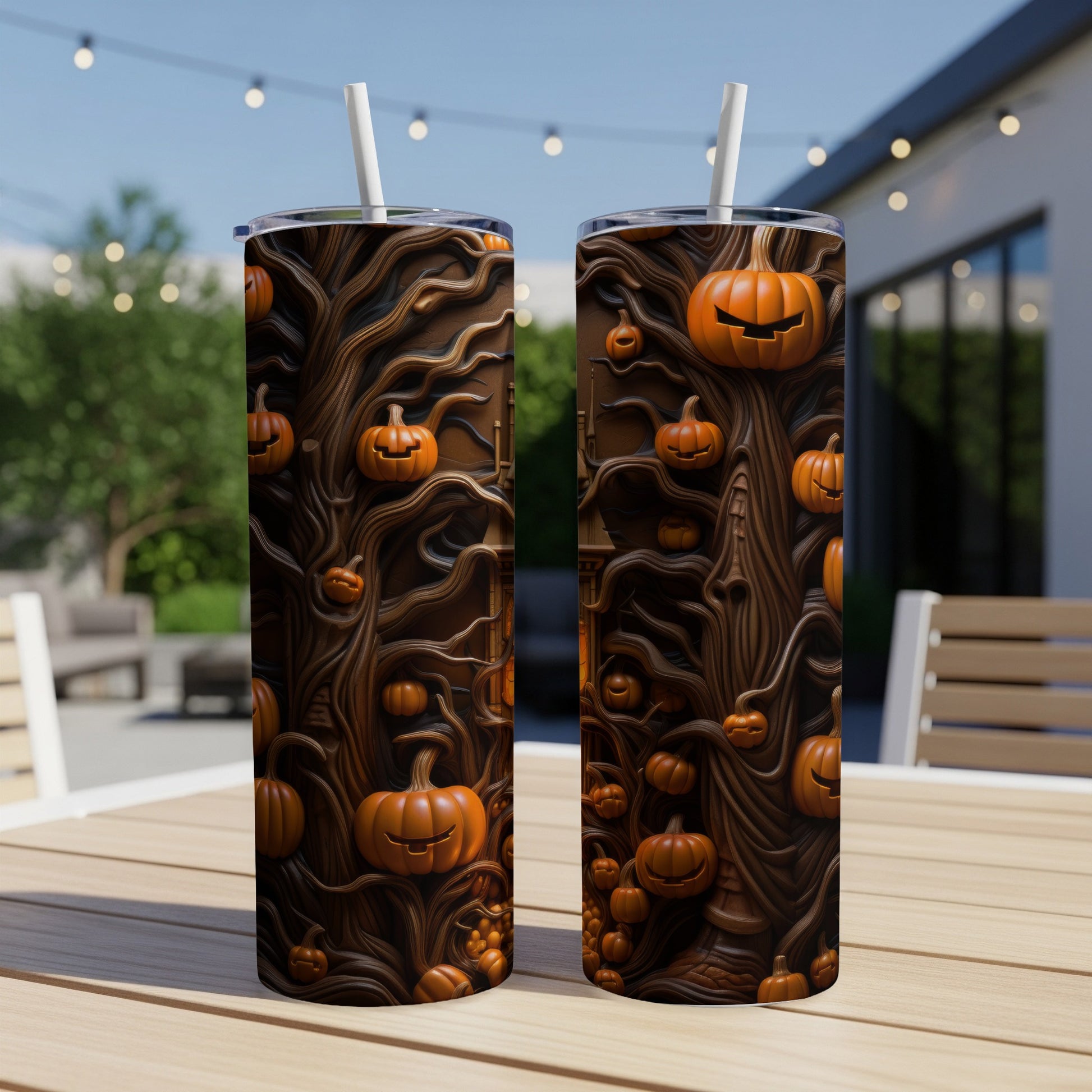 Two tumblers with a Halloween tree and pumpkin design.