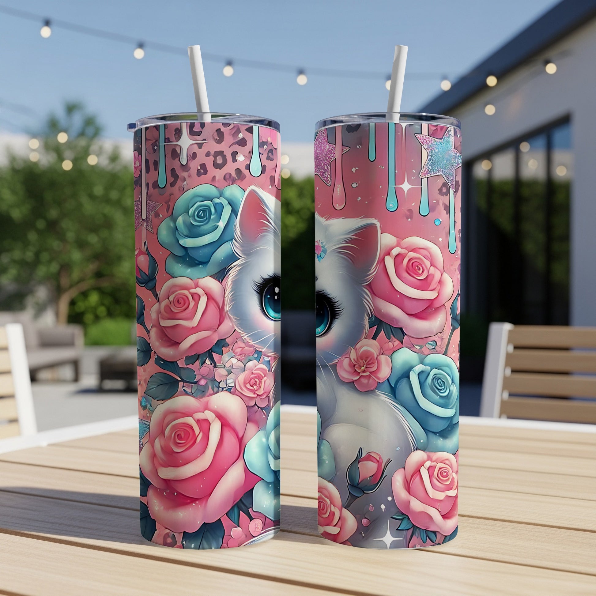 Two tumblers with a white cat and pink and blue roses design.