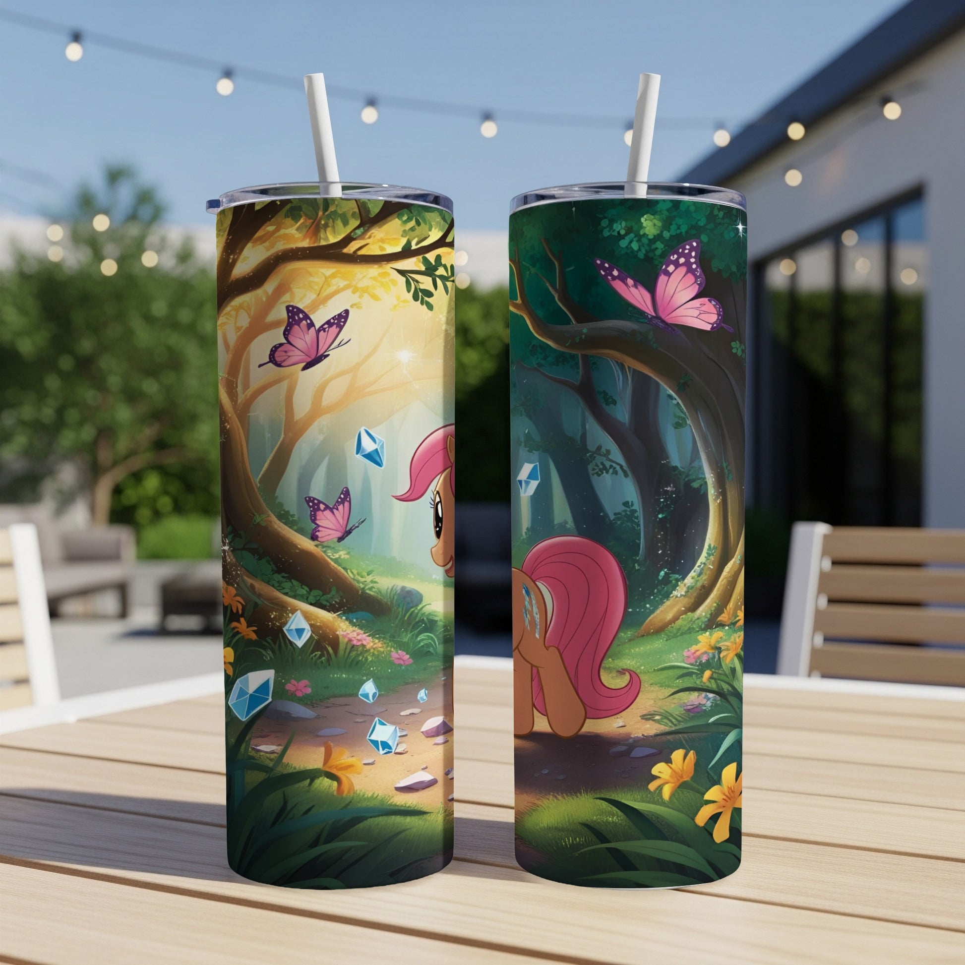 Pink pony with butterfly and gems in a magical forest.