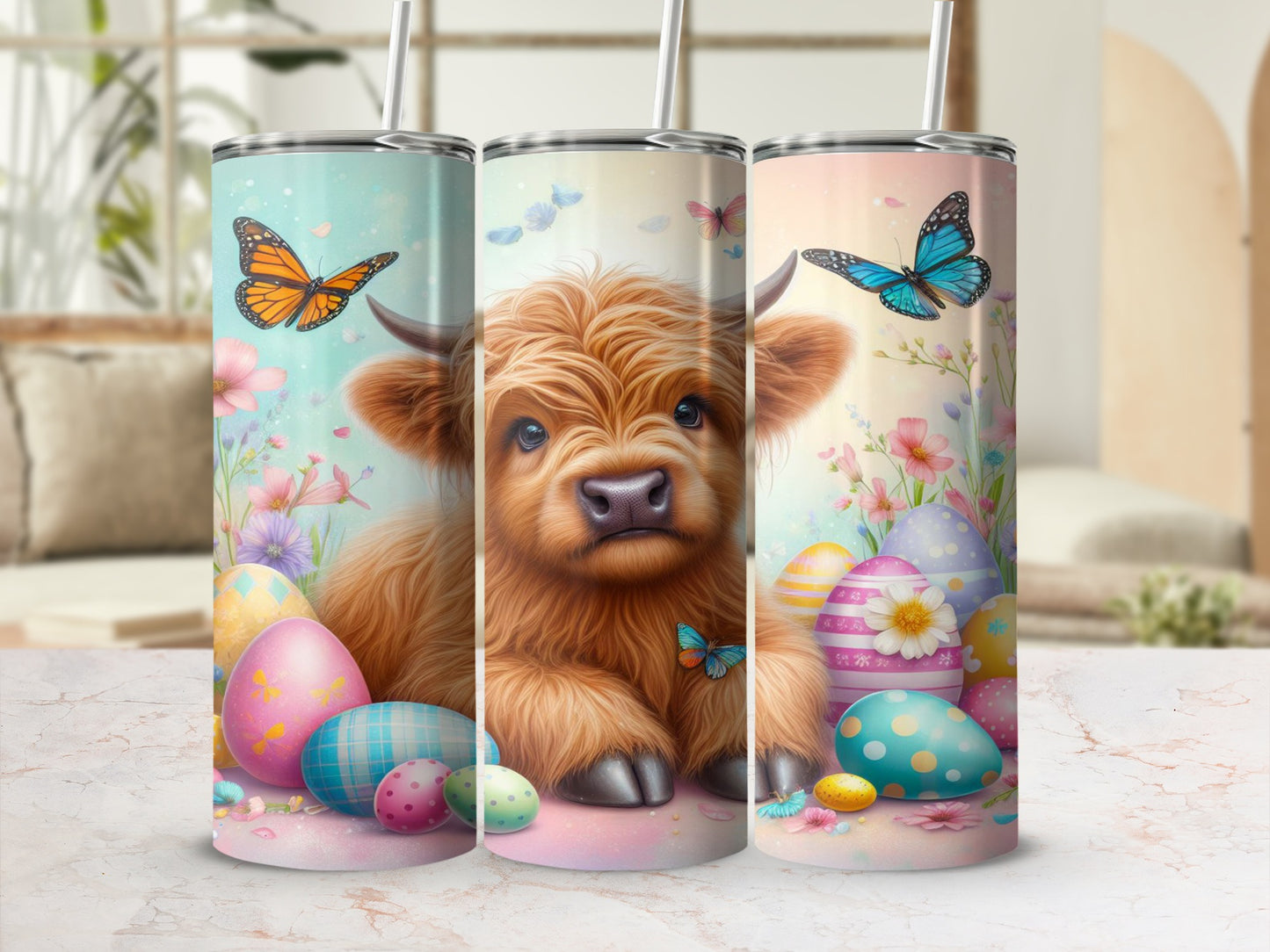 Highland cow with Easter eggs and butterflies on a tumbler.