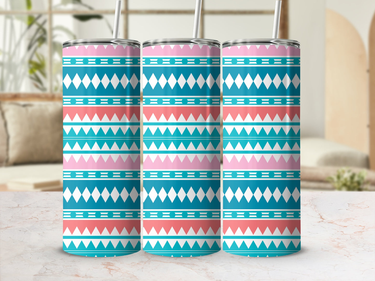 Geometric Patterned Travel Tumbler with Straw