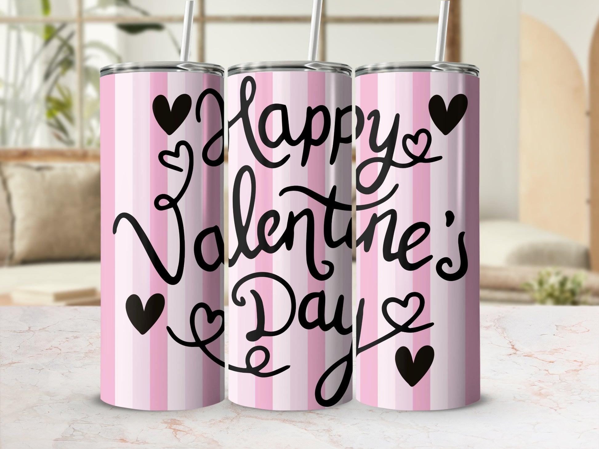Happy Valentine's Day Tumbler with Stripes and Hearts